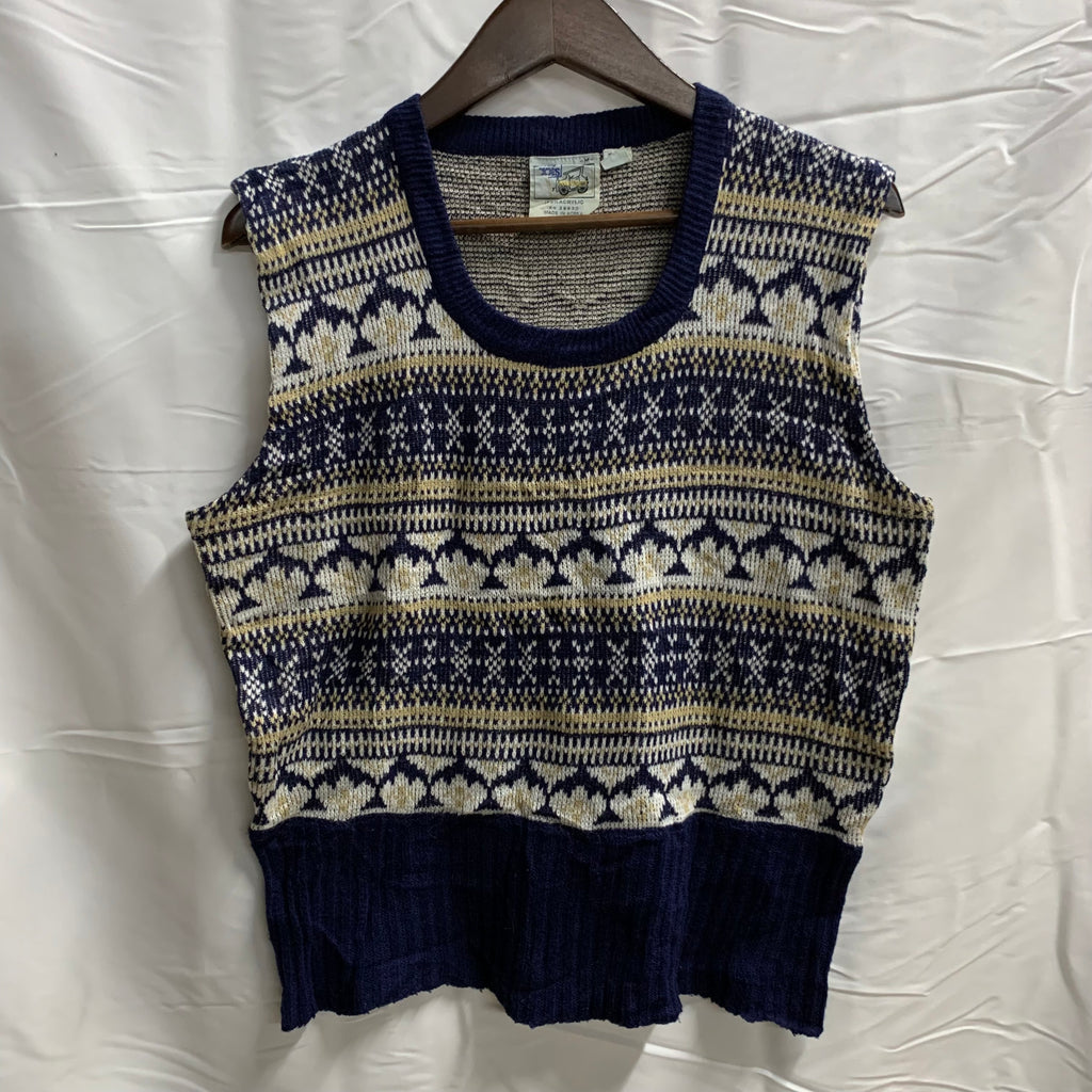 【中古】【古着】st.john's bay 柄 ニット ネイビー×ホワイト Mサイズ