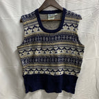 【中古】【古着】st.john's bay 柄 ニット ネイビー×ホワイト Mサイズ