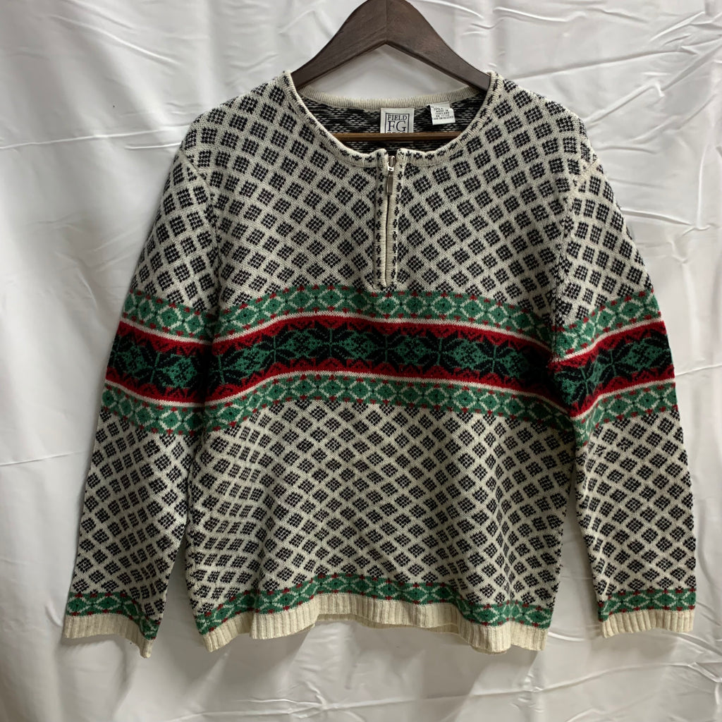 【中古】【古着】FIELD GEAR 柄 ニット ブラック×ホワイト×レッド Lサイズ