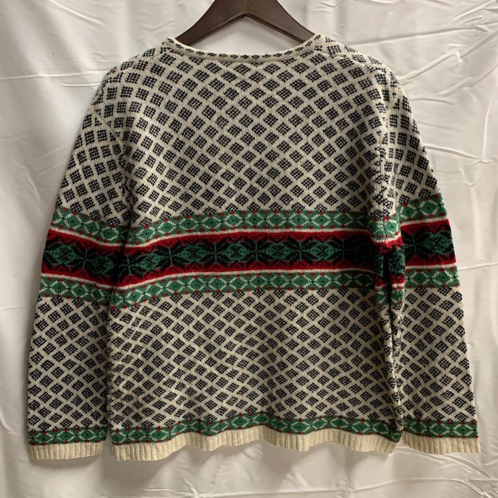 【中古】【古着】FIELD GEAR 柄 ニット ブラック×ホワイト×レッド Lサイズ