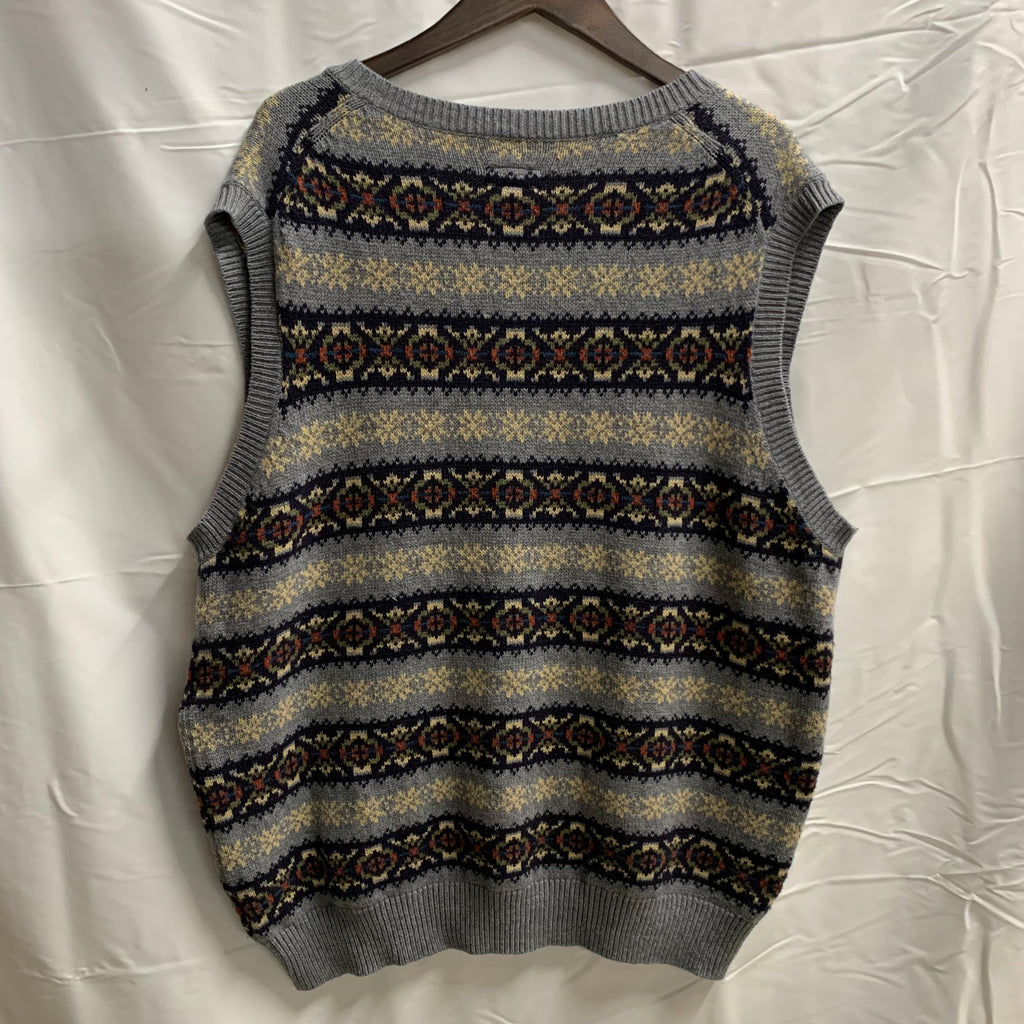 【中古】【古着】st.john's bay 柄 ニット グレー×アイボリー XLサイズ