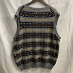 【中古】【古着】st.john's bay 柄 ニット グレー×アイボリー XLサイズ