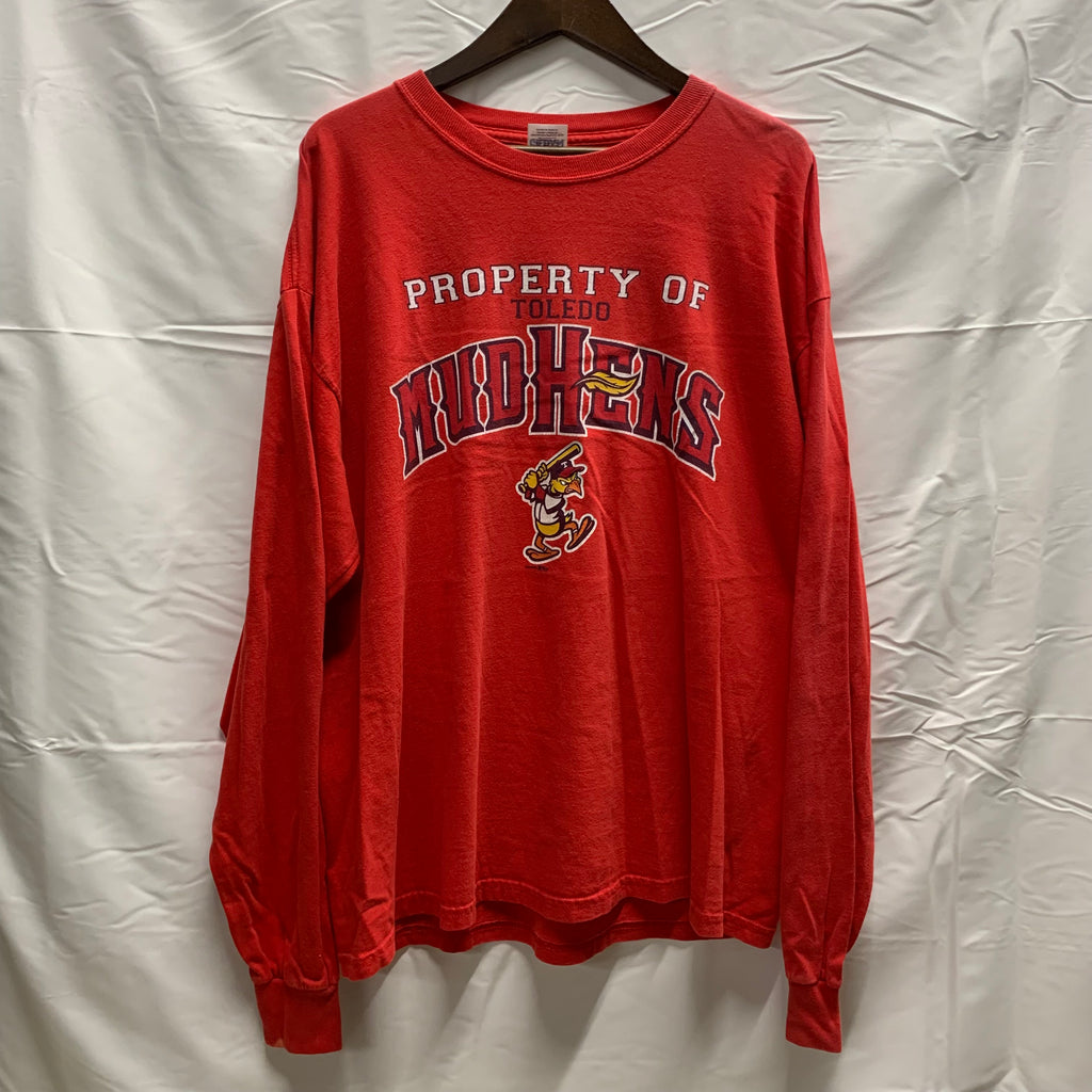【中古】【古着】GILDAN ロゴ L/S カットソー レッド XLサイズ