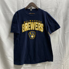 【中古】【古着】GILDAN ロゴプリント Tシャツ ネイビー Lサイズ