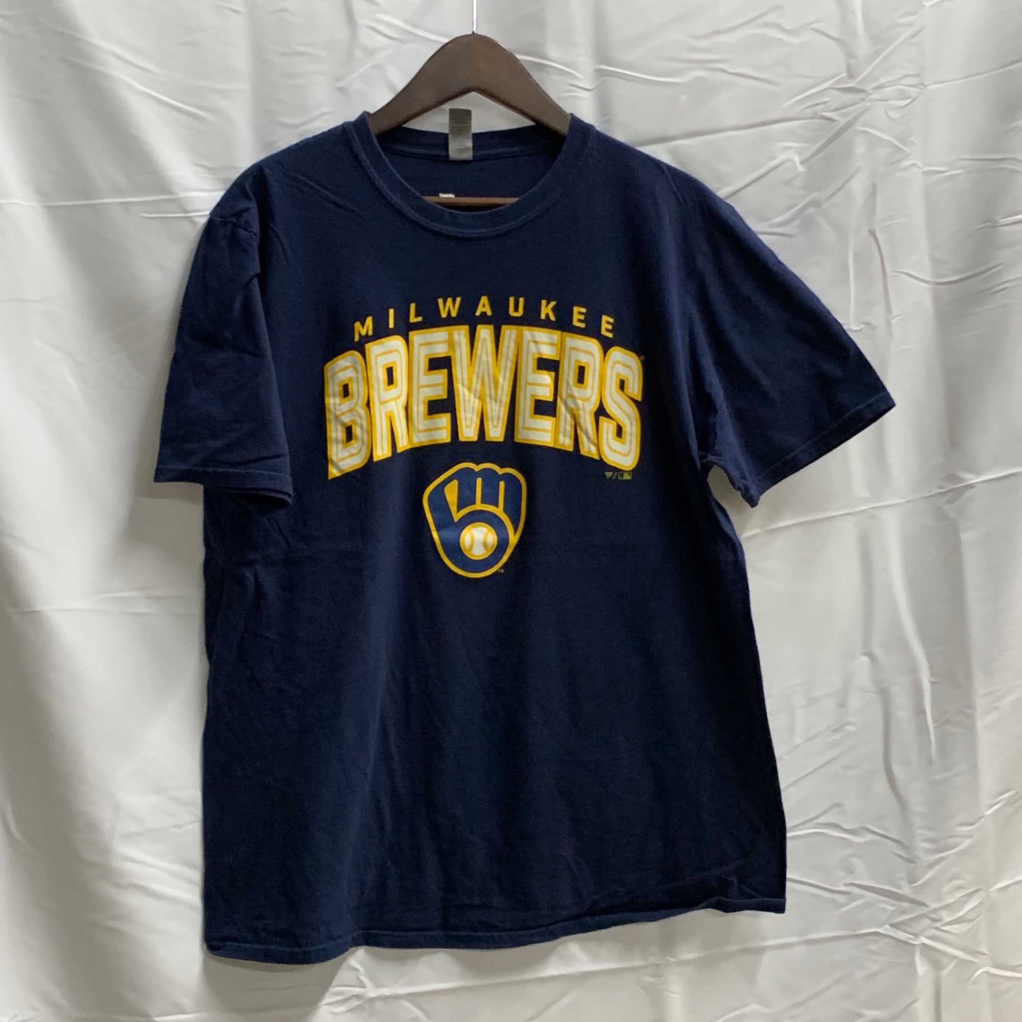 【中古】【古着】GILDAN ロゴプリント Tシャツ ネイビー Lサイズ