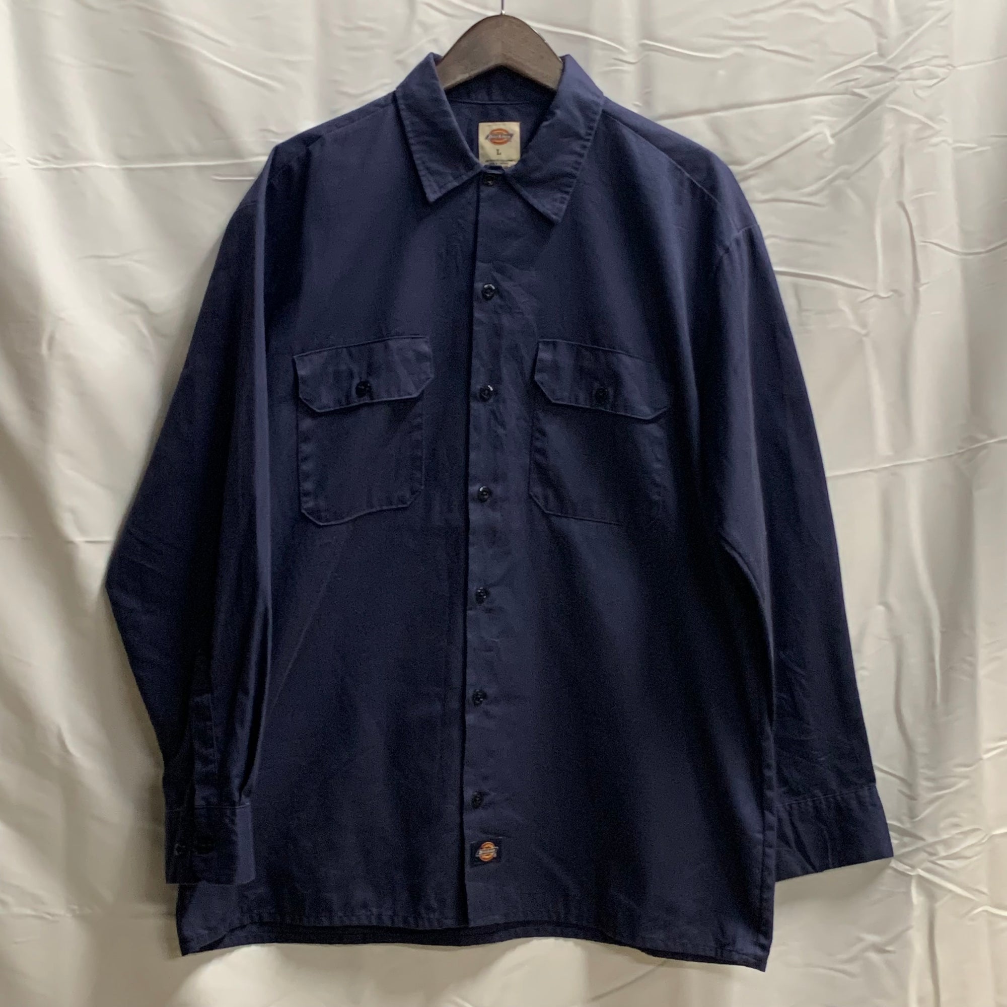 【中古】【古着】Dickies ワンポイント シャツ ネイビー Lサイズ