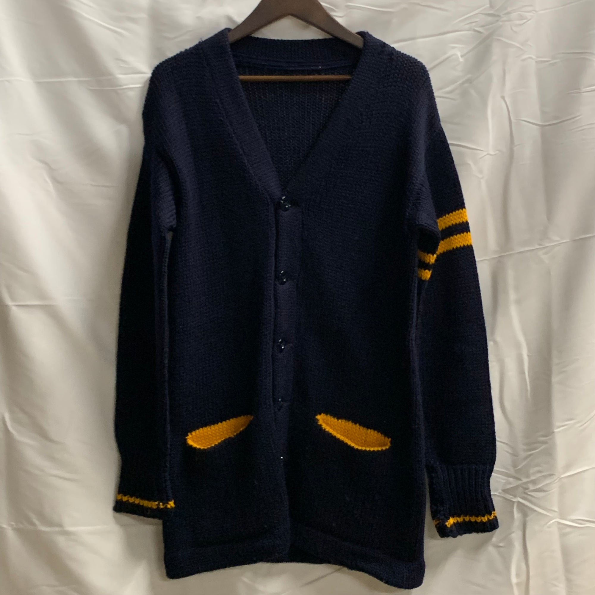 【中古】【古着】 無地 カーディガン ネイビー×イエロー