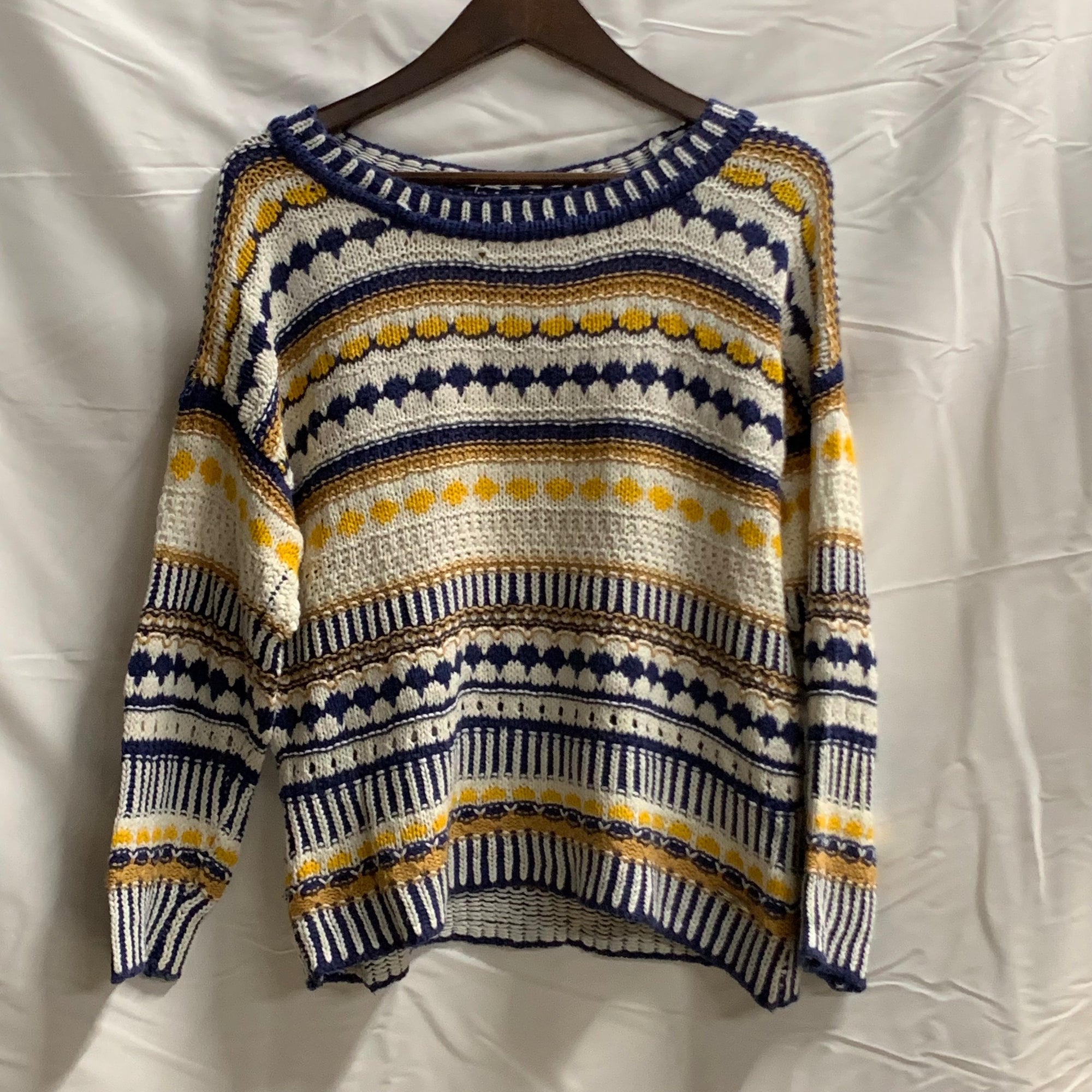 【中古】【古着】Marc New York ボーダー ニット ホワイト×ネイビー×イエロー Sサイズ