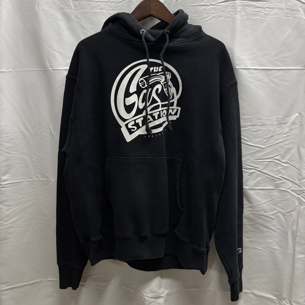 【古着】Champion プリント パーカー ブラック Lサイズ