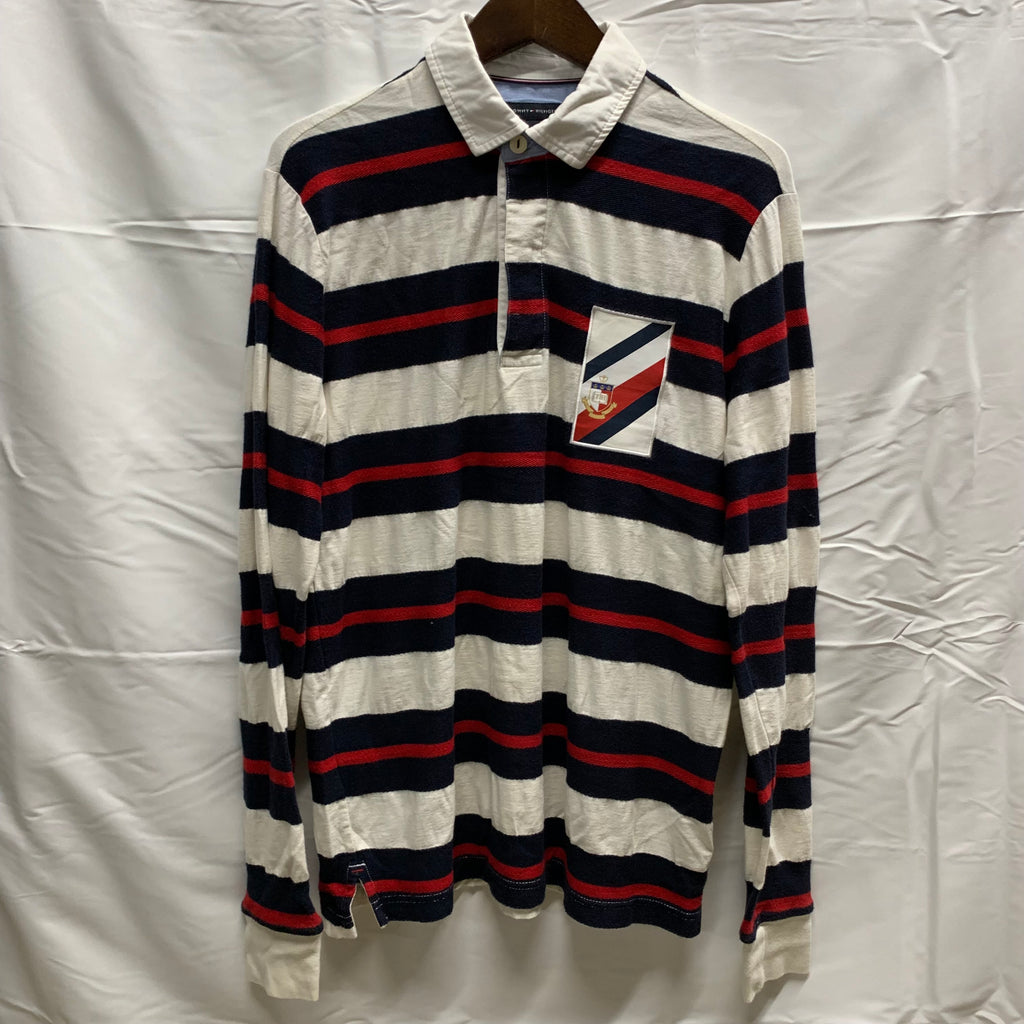 【中古】【古着】TOMMY HILFIGER ボーダー L/S ラガーシャツ ネイビー×ホワイト×レッド Mサイズ