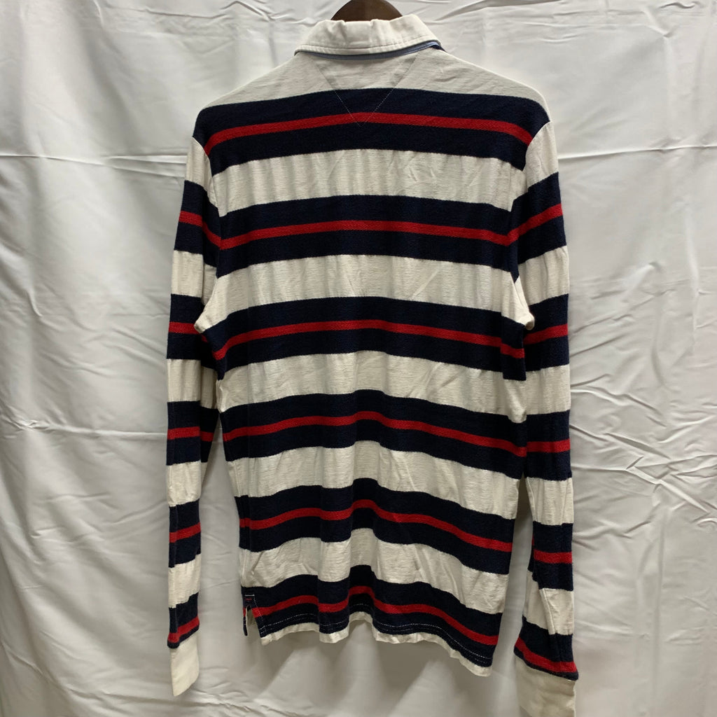 【中古】【古着】TOMMY HILFIGER ボーダー L/S ラガーシャツ ネイビー×ホワイト×レッド Mサイズ