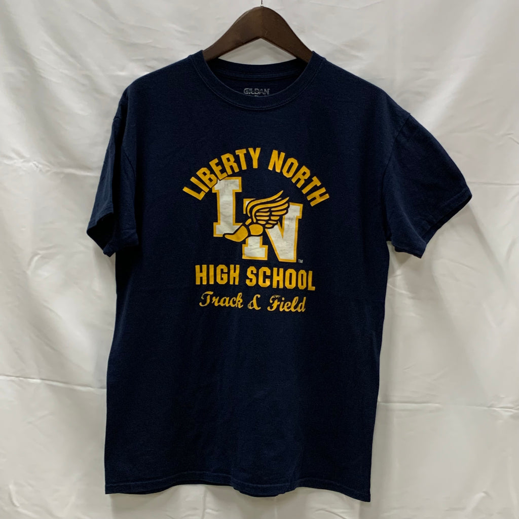 【中古】【古着】GILDAN プリント Tシャツ ネイビー×イエロー×ホワイト Mサイズ