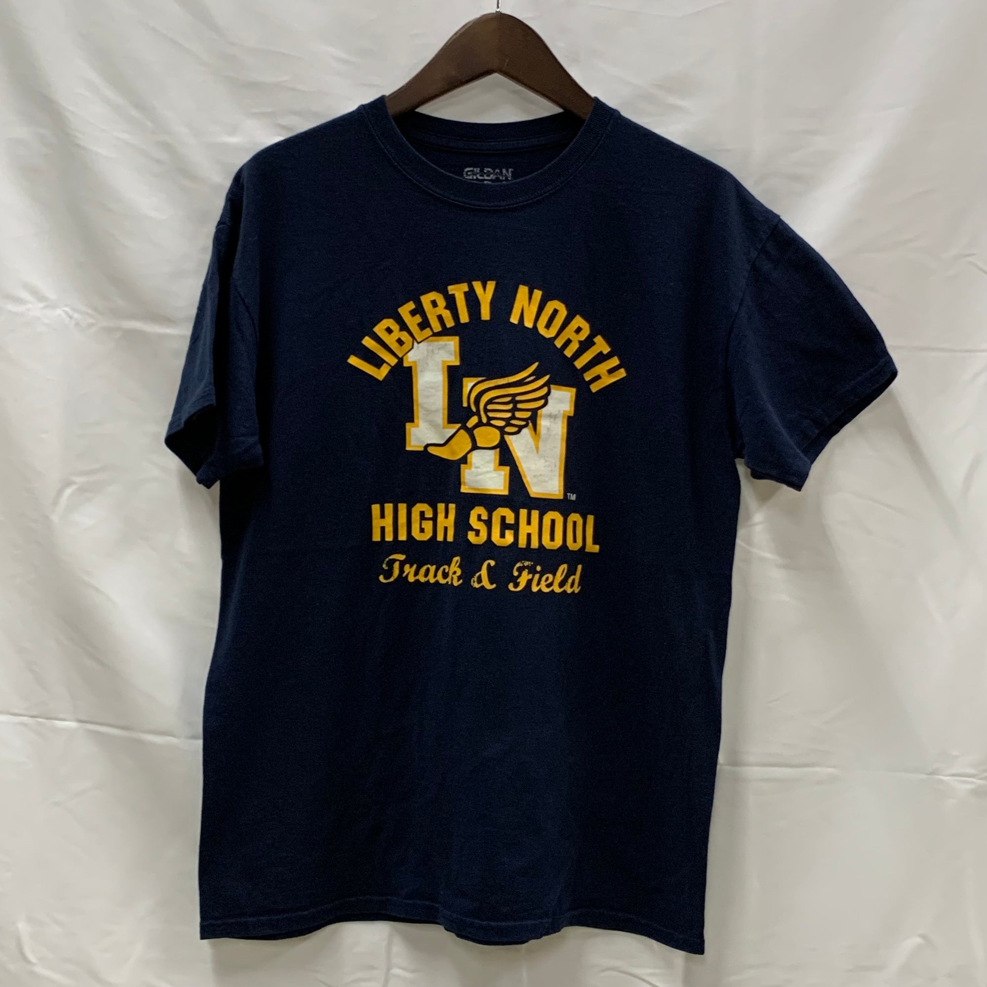 【中古】【古着】GILDAN プリント Tシャツ ネイビー×イエロー×ホワイト Mサイズ