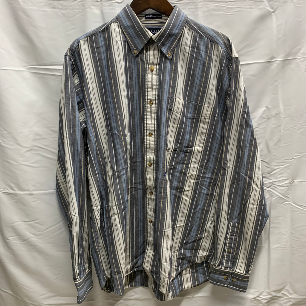 【中古】【古着】IVY CREW ストライプ L/S シャツ グレー×ホワイト×ブルー
