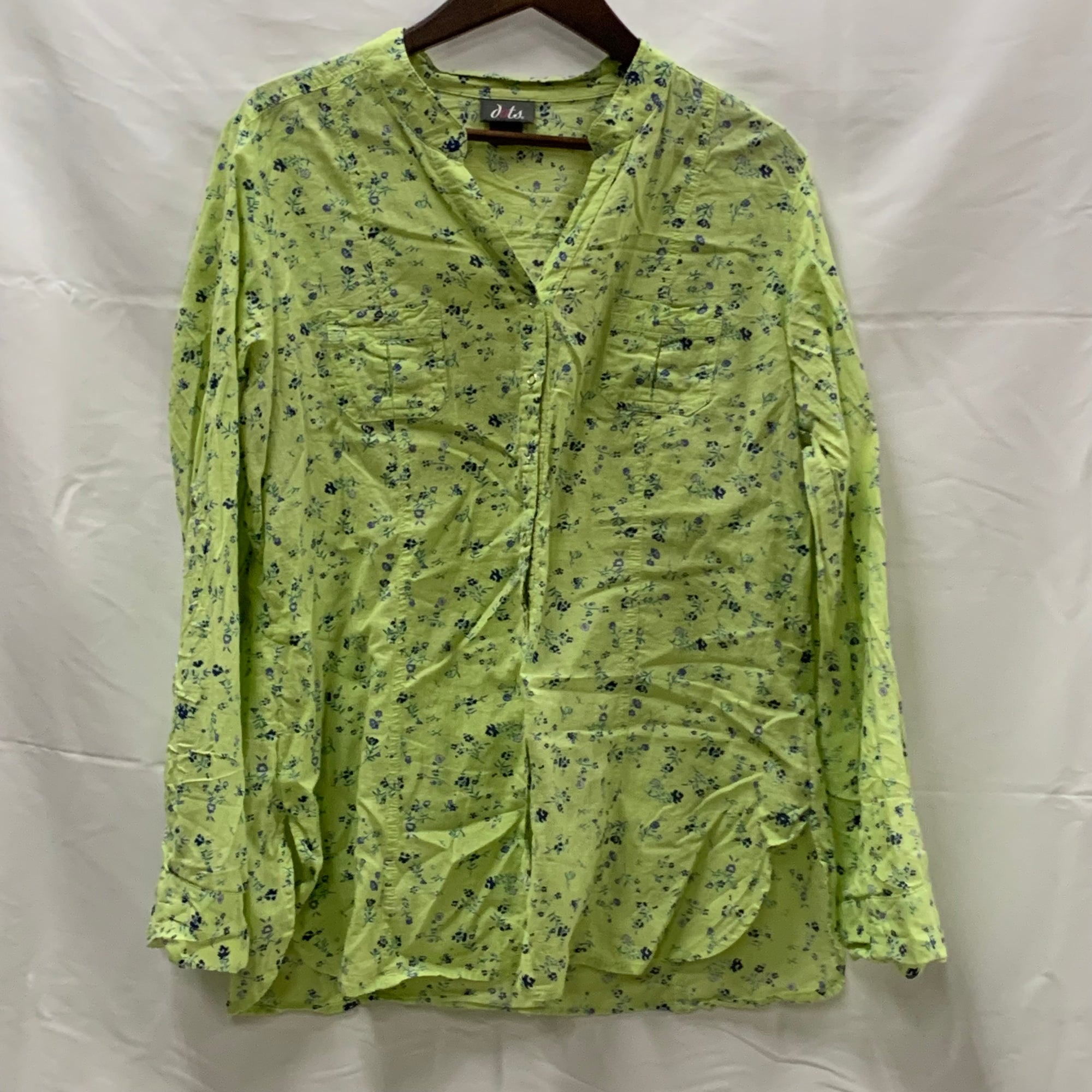 【中古】【古着】 花柄 柄シャツブラウス ライトグリーン×ブルー XLサイズ