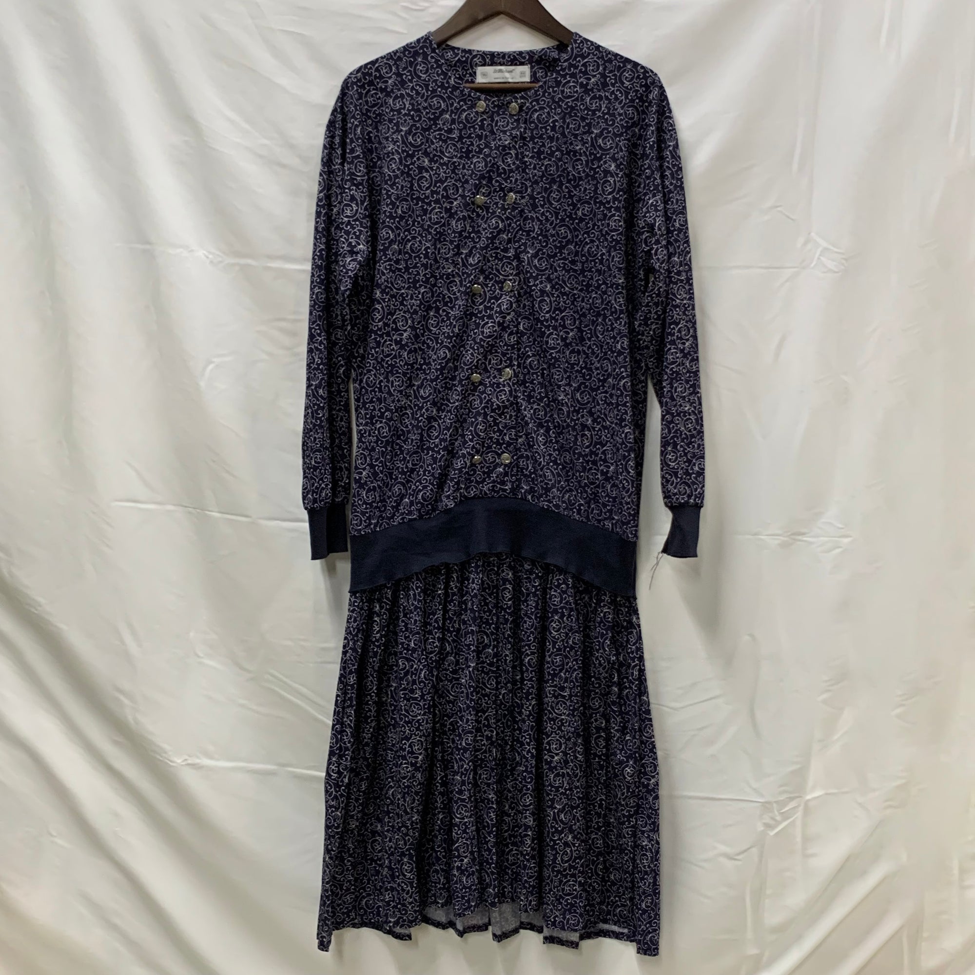 【中古】【古着】St Michael アラベスク ワンピース ネイビー×ホワイト Mサイズ