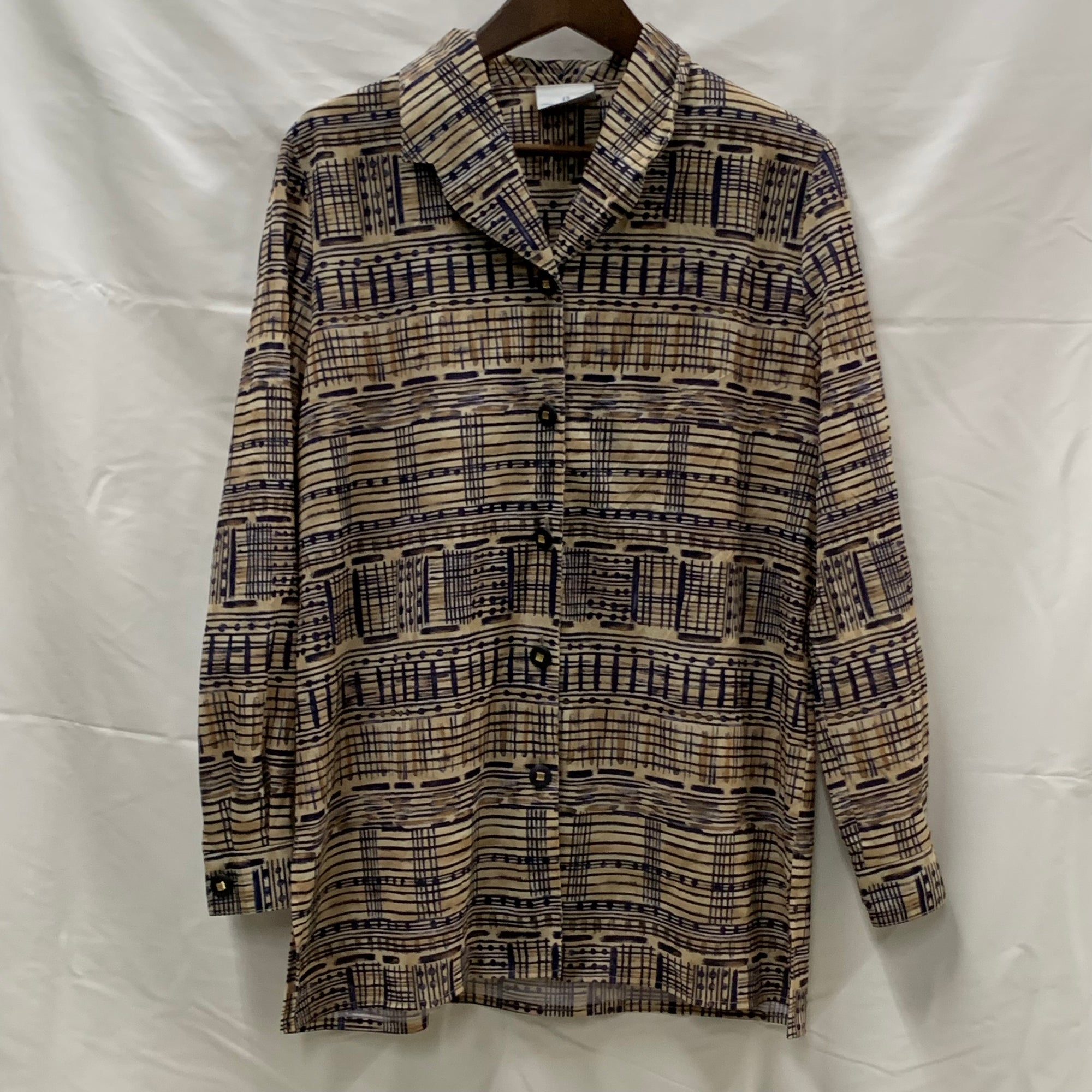 【中古】【古着】 柄 シャツブラウス ベージュ×ネイビー×ブラウン