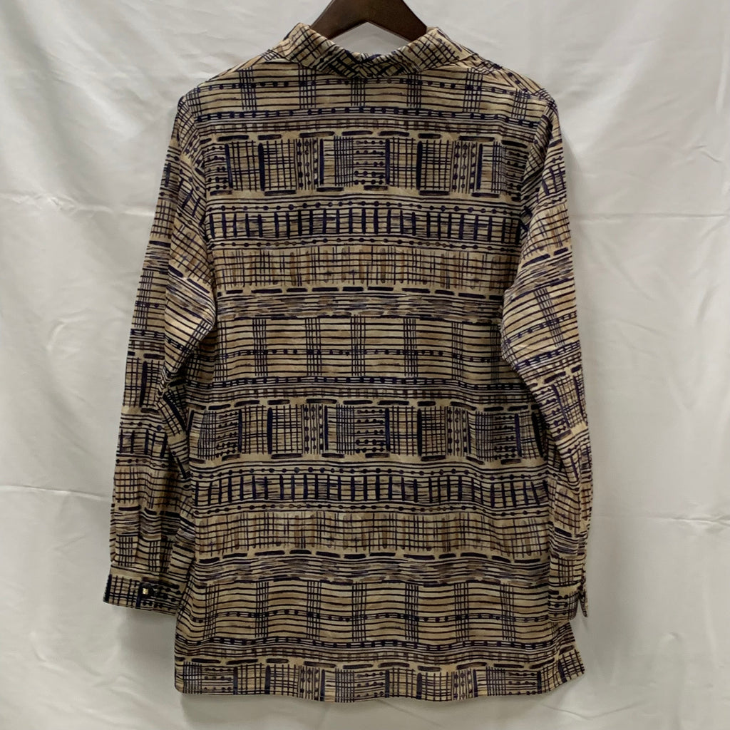 【中古】【古着】 柄 シャツブラウス ベージュ×ネイビー×ブラウン
