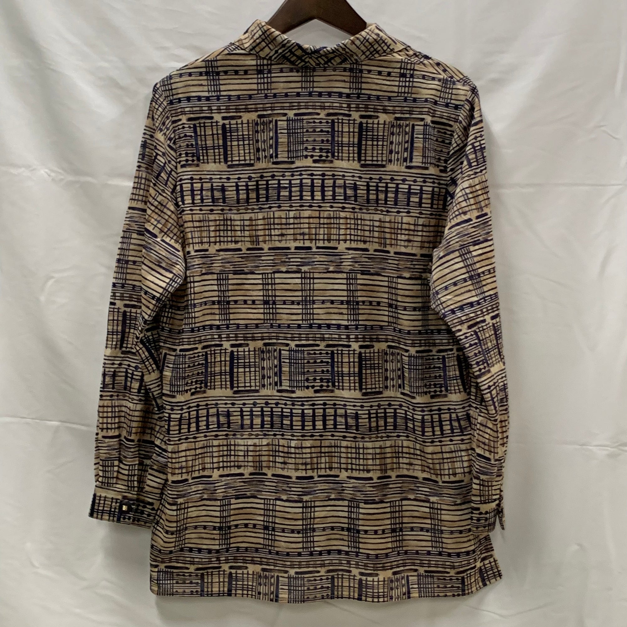 【中古】【古着】 柄 シャツブラウス ベージュ×ネイビー×ブラウン