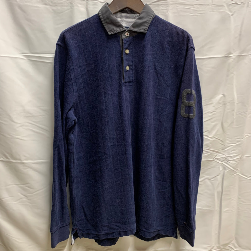 【中古】【古着】TOMMY HILFIGER ストライプ L/S ラガーシャツ ネイビー Mサイズ