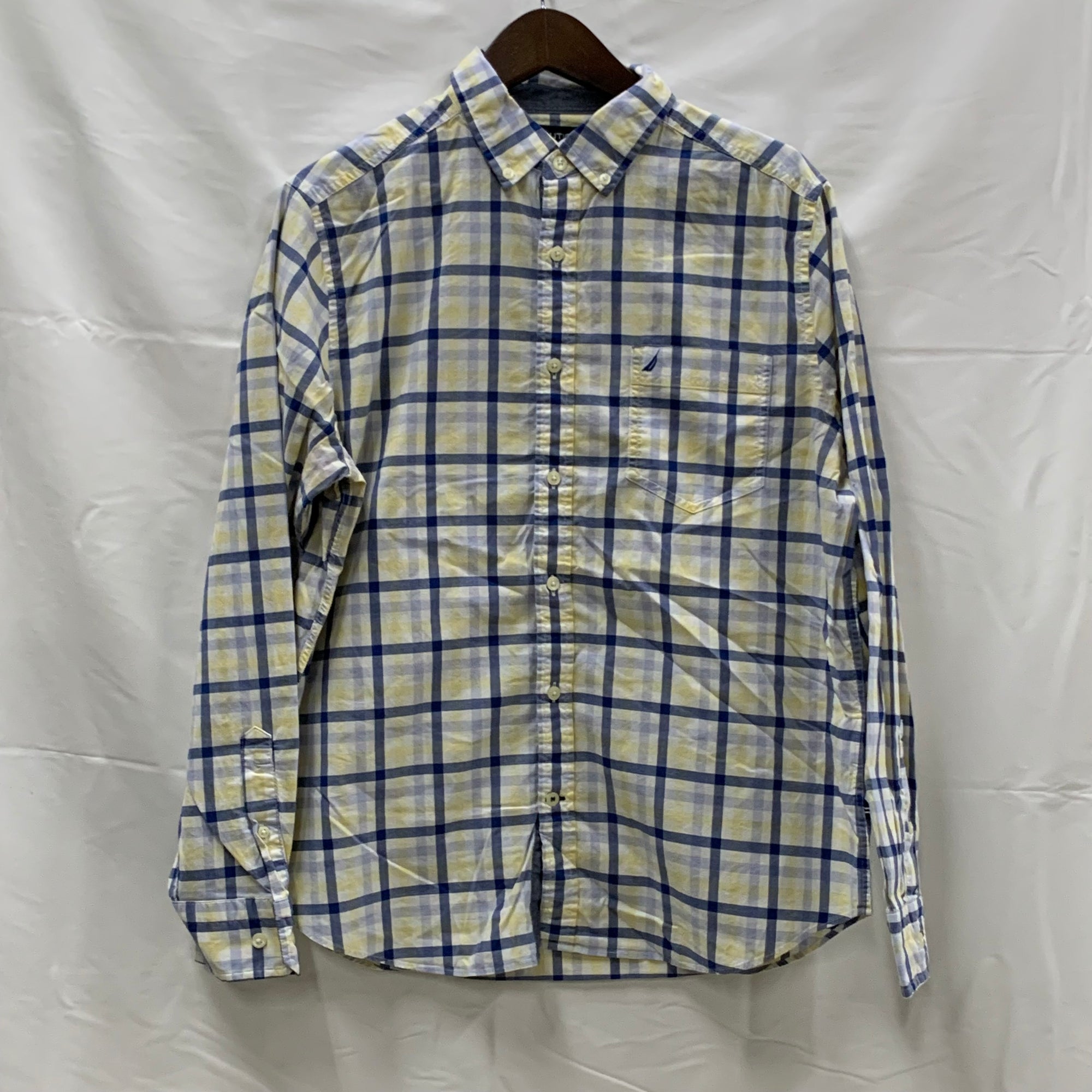 【中古】【古着】NAUTICA チェック シャツ ブルー×イエロー Mサイズ