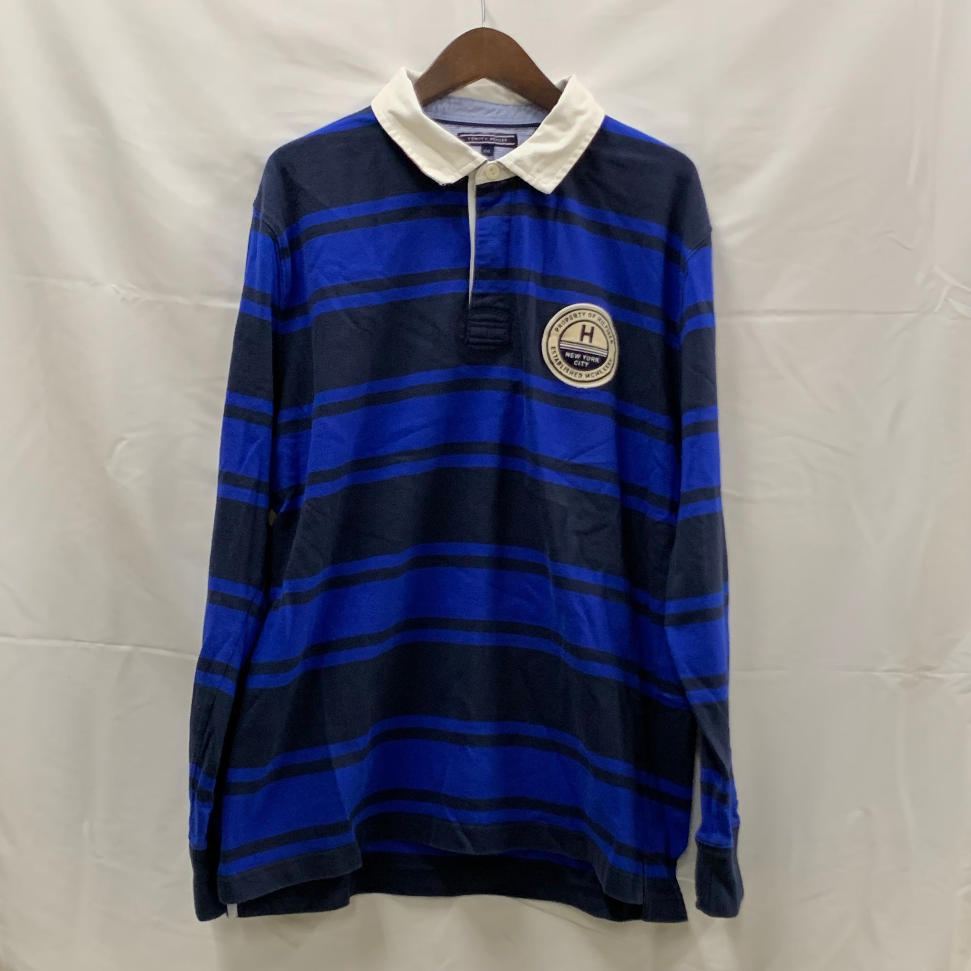 【中古】【古着】Tommy Hilfiger ボーダー ラガーシャツ ブルー×ブラック XXLサイズ
