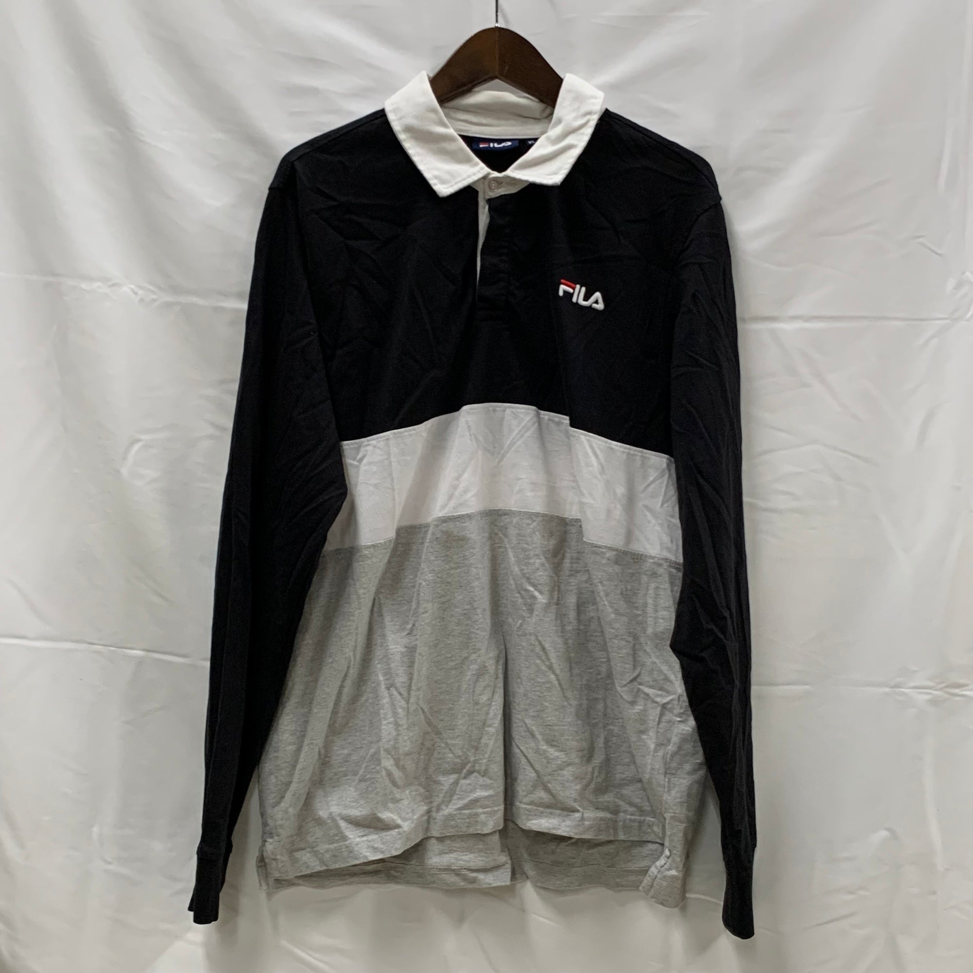 【中古】【古着】FILA ボーダー ラガーシャツ グレー×ブラック XLサイズ