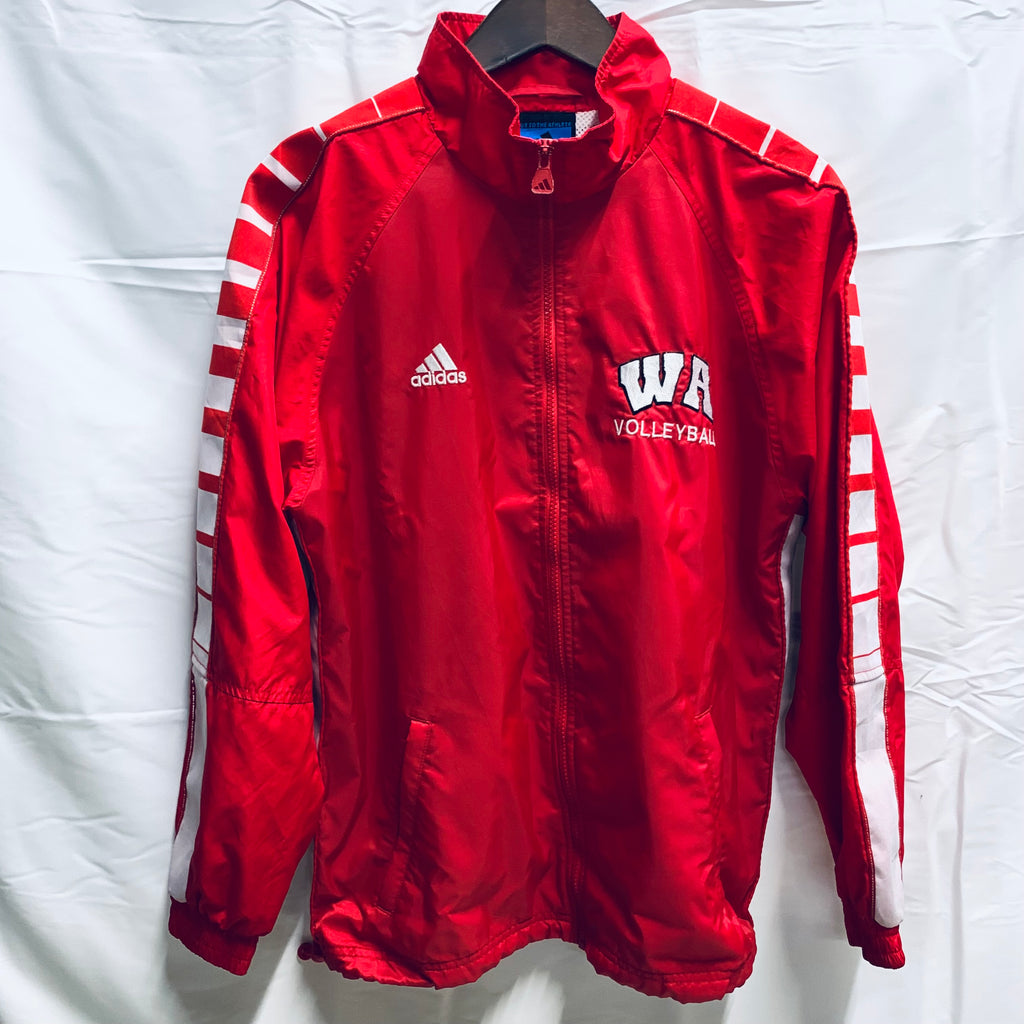 【中古】【古着】adidas ロゴ ナイロンジャケット レッド Sサイズ