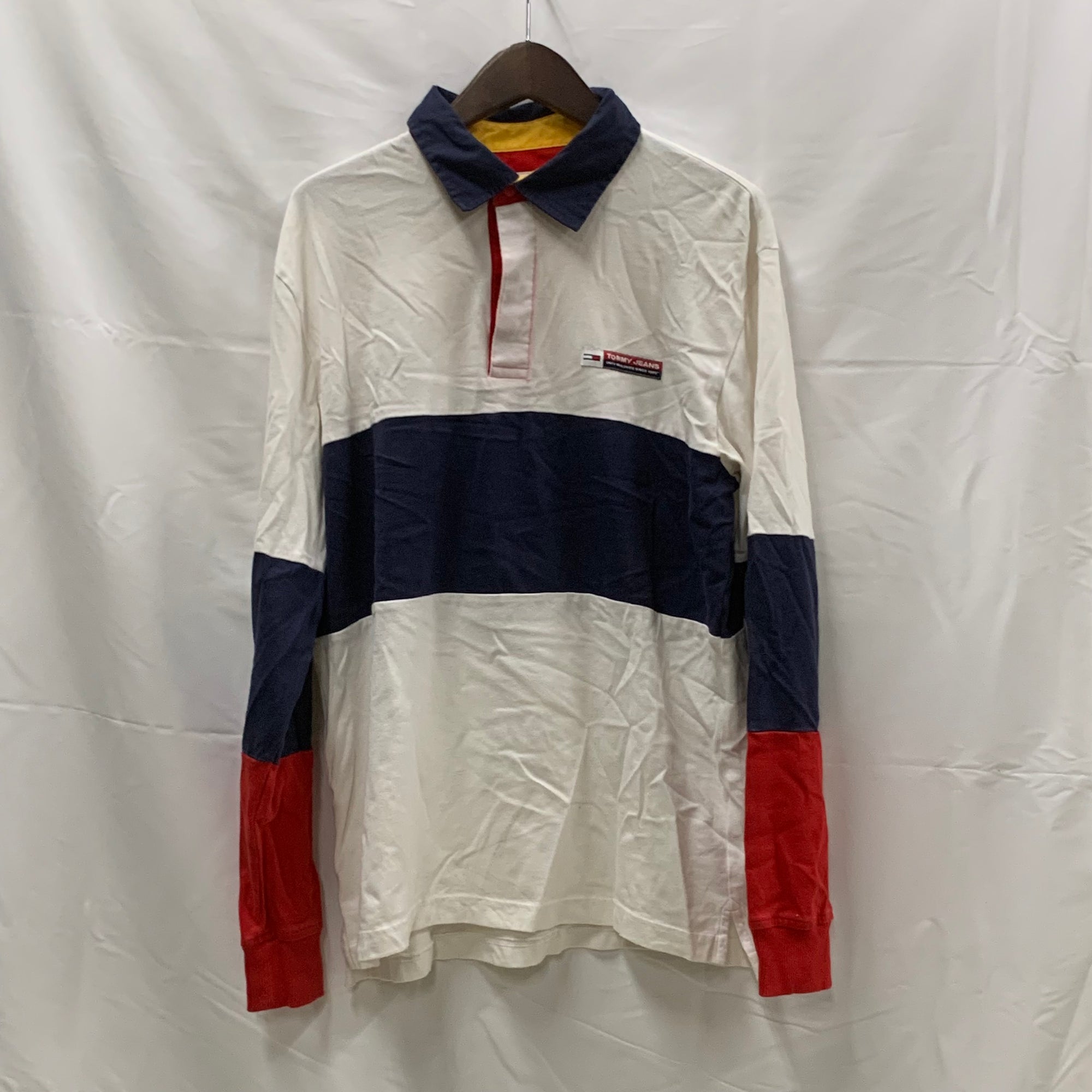 【中古】【古着】Tommy Jeans ワンポイント ラガーシャツ ホワイト×レッド×ネイビー Sサイズ