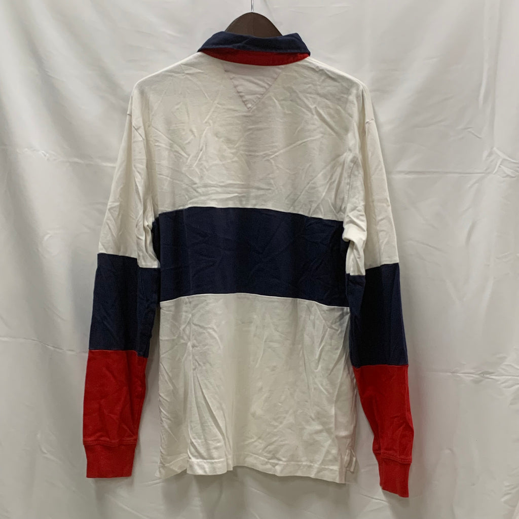 【中古】【古着】Tommy Jeans ワンポイント ラガーシャツ ホワイト×レッド×ネイビー Sサイズ