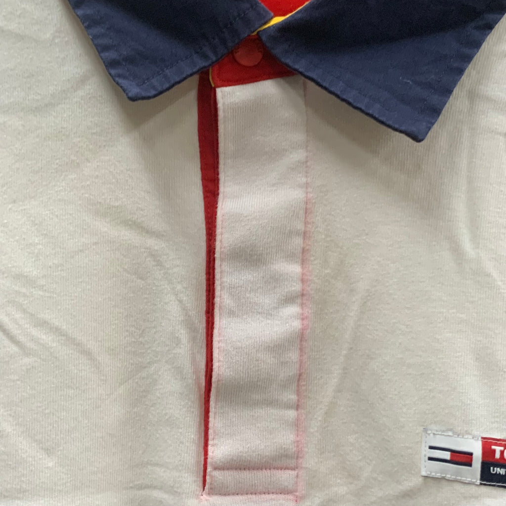 【中古】【古着】Tommy Jeans ワンポイント ラガーシャツ ホワイト×レッド×ネイビー Sサイズ