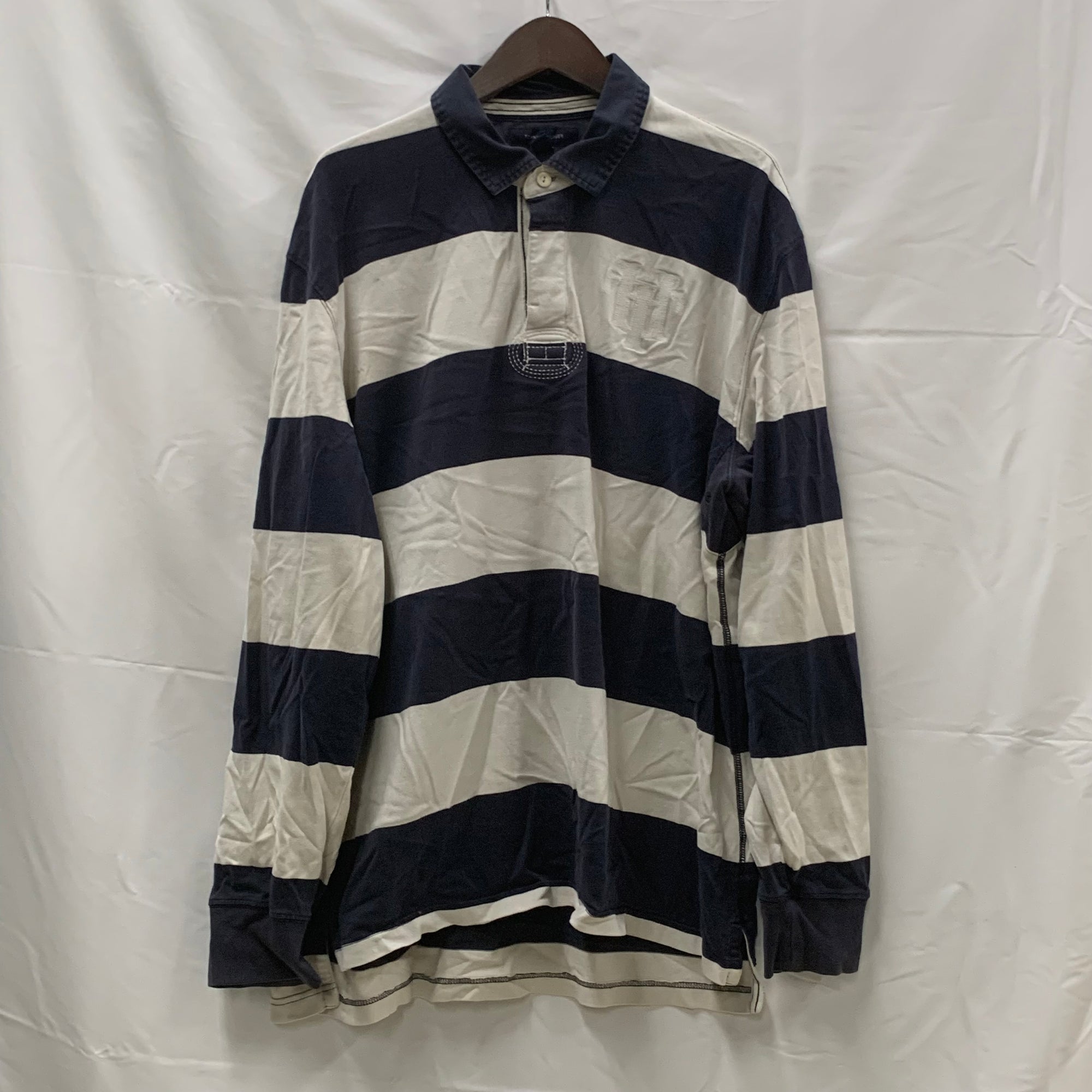 【中古】【古着】Tommy Hilfiger ボーダー ラガーシャツ ホワイト×インディゴ XXLサイズ