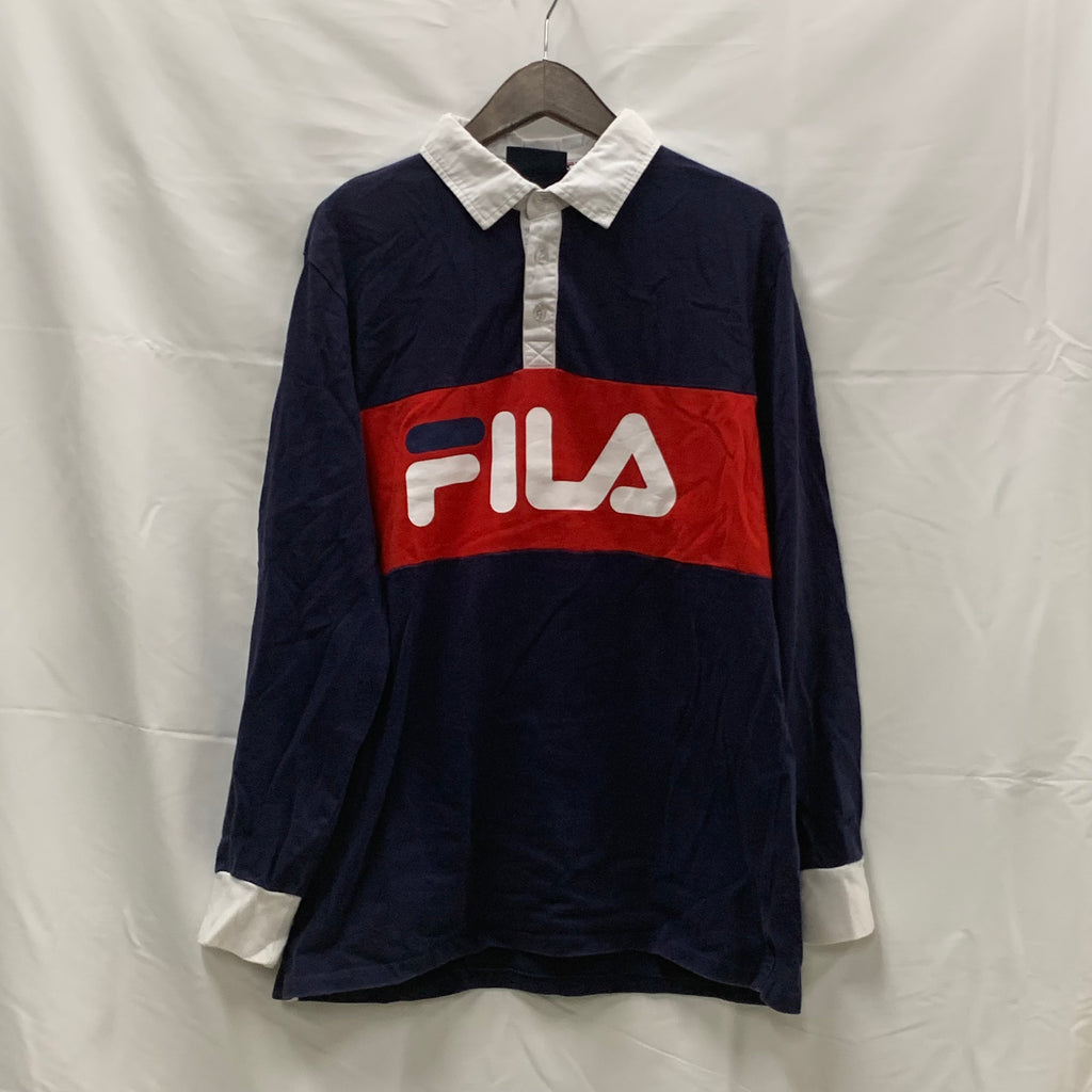 【中古】【古着】FILA ロゴ ラガーシャツ ネイビー×レッド Mサイズ