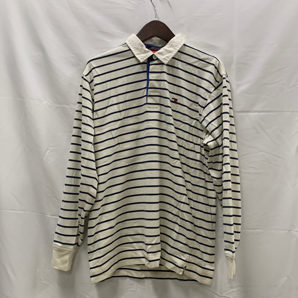 【中古】【古着】Tommy Hilfiger ボーダー ラガーシャツ ホワイト×ネイビー XLサイズ