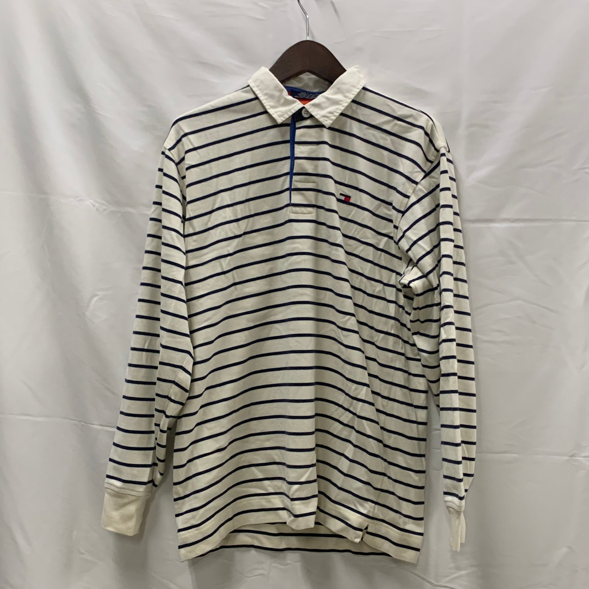【中古】【古着】Tommy Hilfiger ボーダー ラガーシャツ ホワイト×ネイビー XLサイズ
