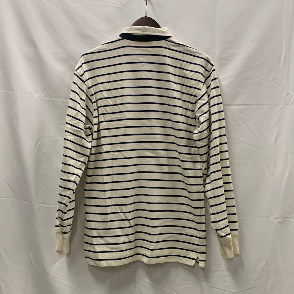 【中古】【古着】Tommy Hilfiger ボーダー ラガーシャツ ホワイト×ネイビー XLサイズ