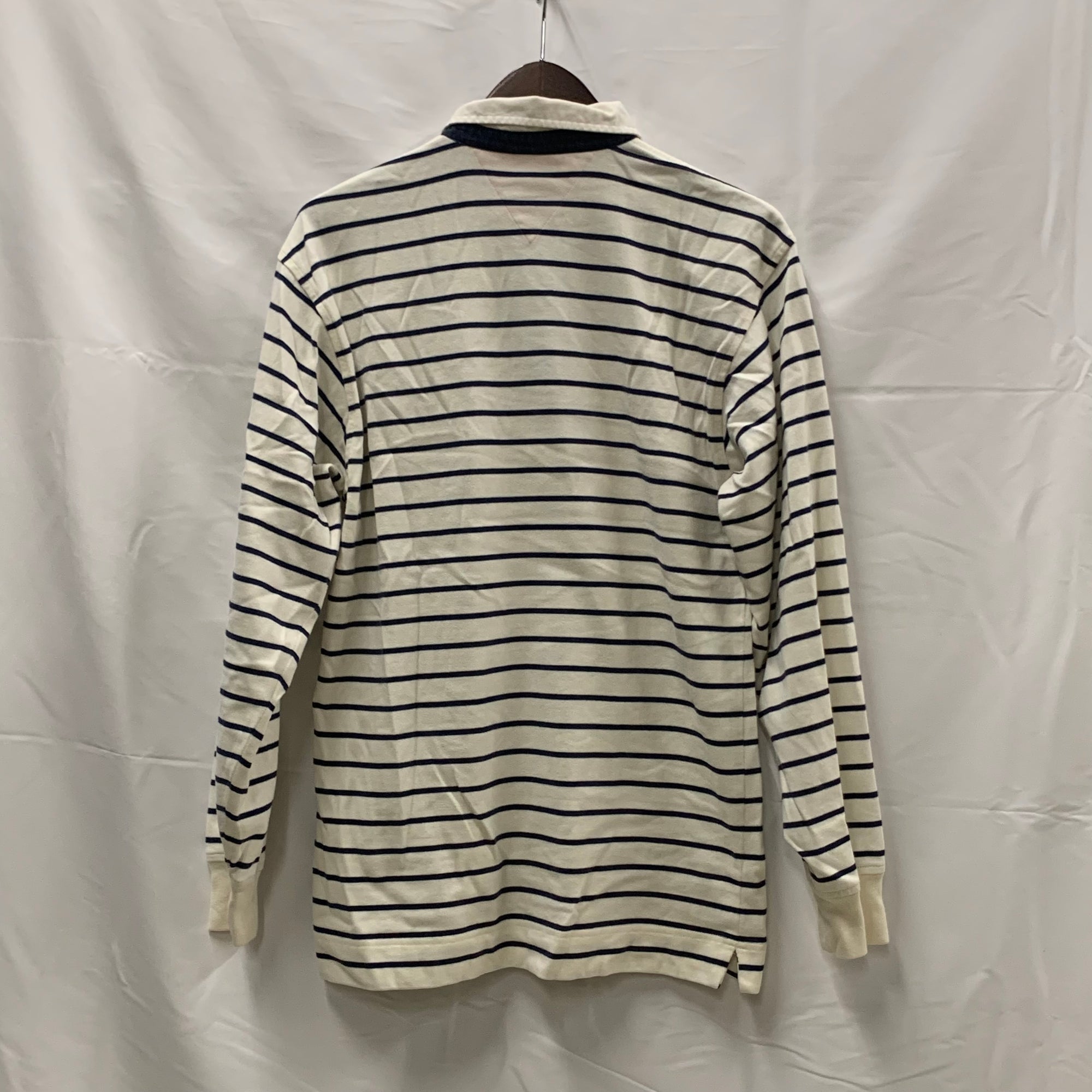 【中古】【古着】Tommy Hilfiger ボーダー ラガーシャツ ホワイト×ネイビー XLサイズ