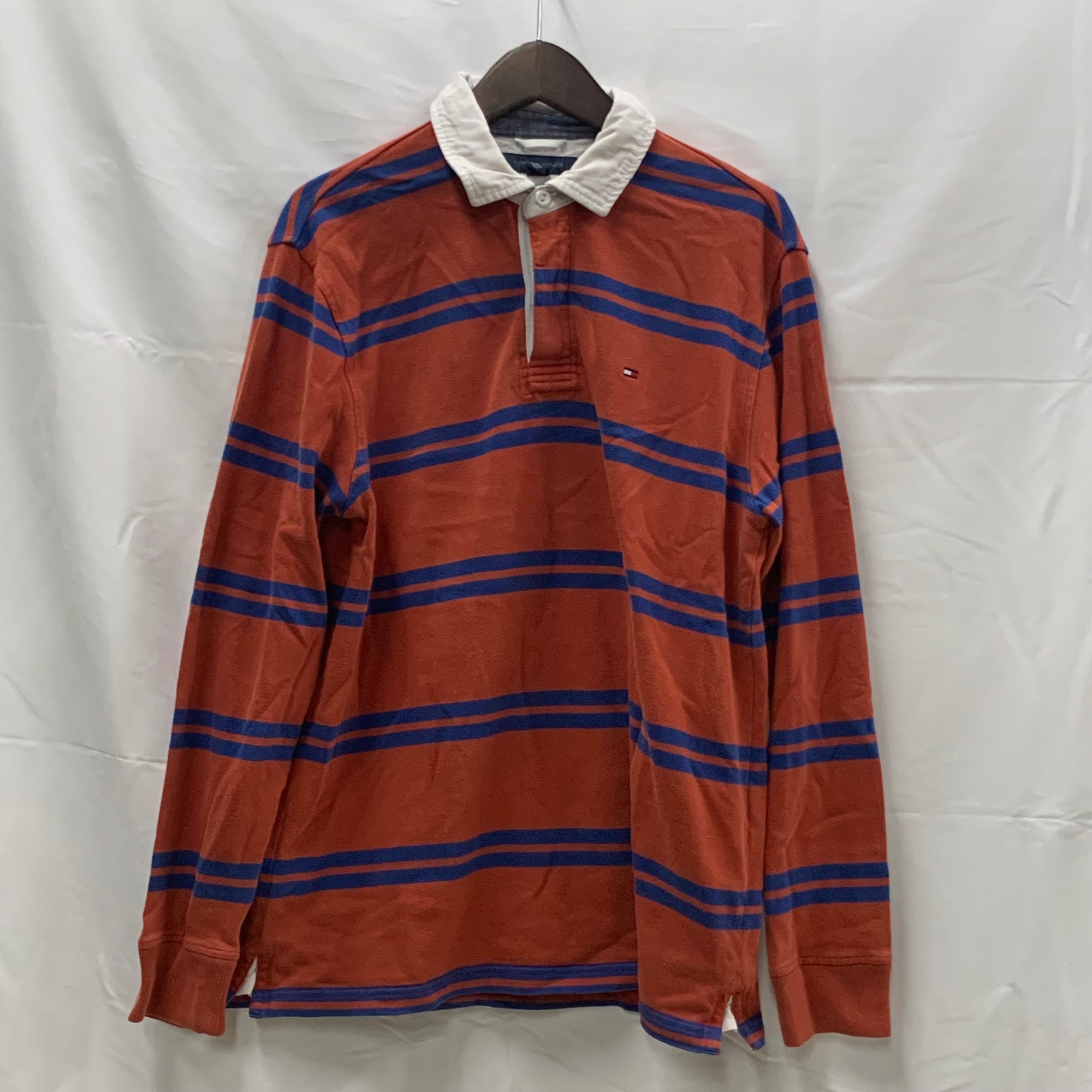 【中古】【古着】Tommy Hilfiger ボーダー ラガーシャツ オレンジ×ブルー Mサイズ