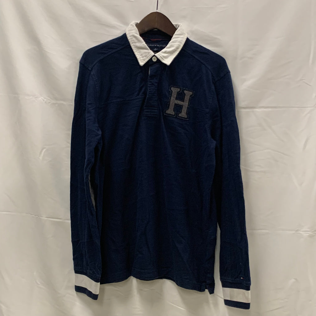 【中古】【古着】Tommy Hilfiger ワンポイント ラガーシャツ ネイビー Mサイズ