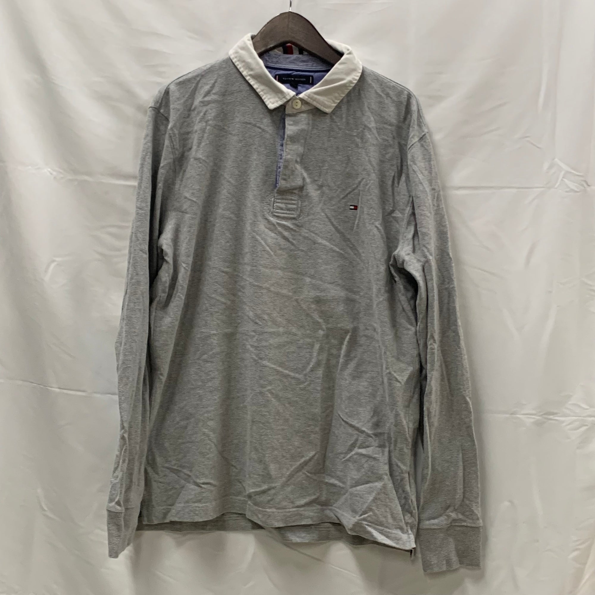 【中古】【古着】Tommy Hilfiger ボーダー ラガーシャツ グレー×ブルー Mサイズ