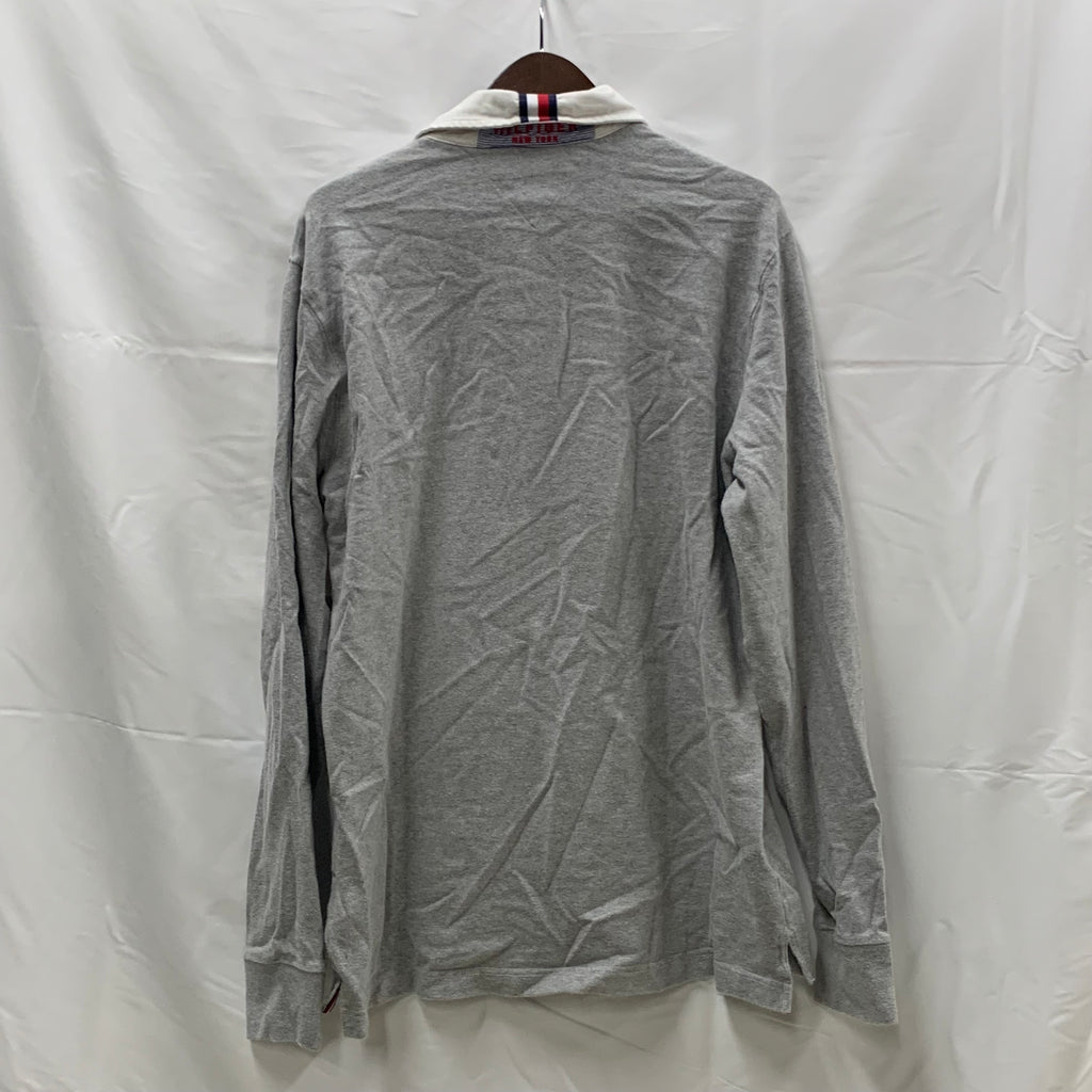 【中古】【古着】Tommy Hilfiger ボーダー ラガーシャツ グレー×ブルー Mサイズ
