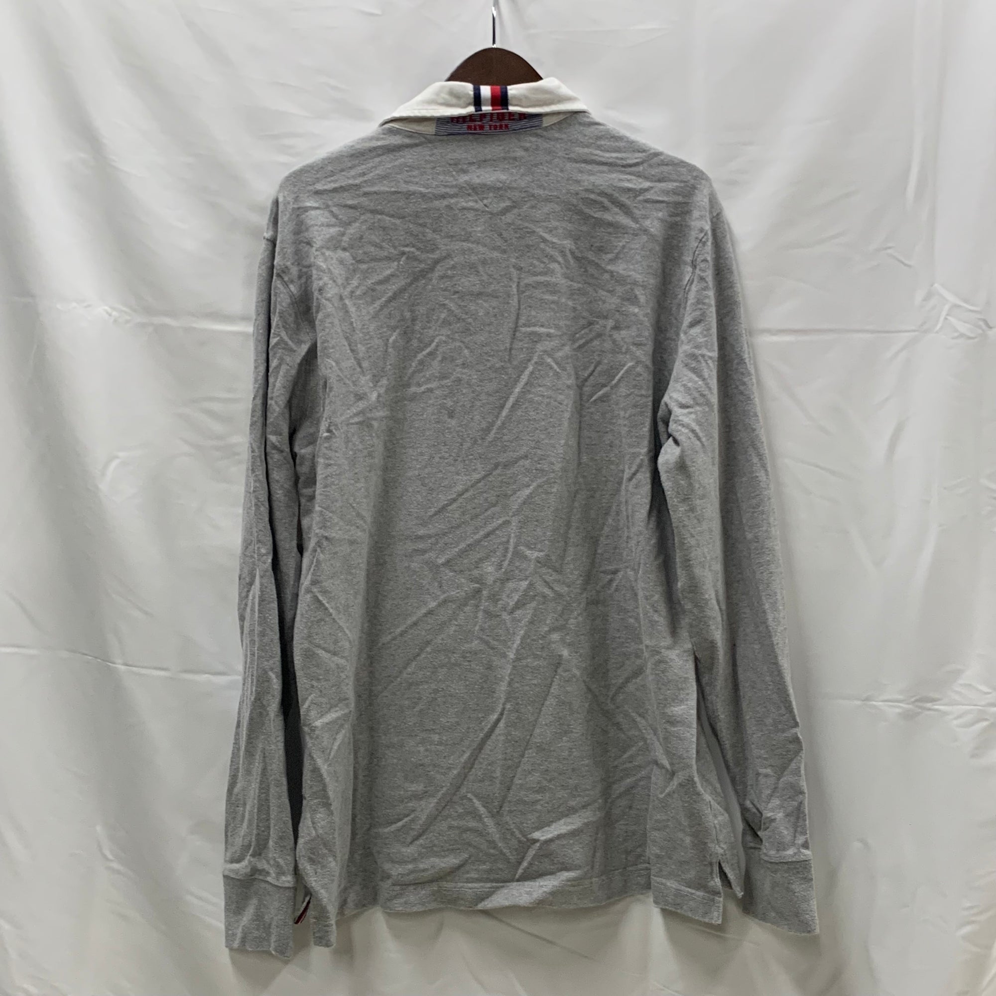 【中古】【古着】Tommy Hilfiger ボーダー ラガーシャツ グレー×ブルー Mサイズ