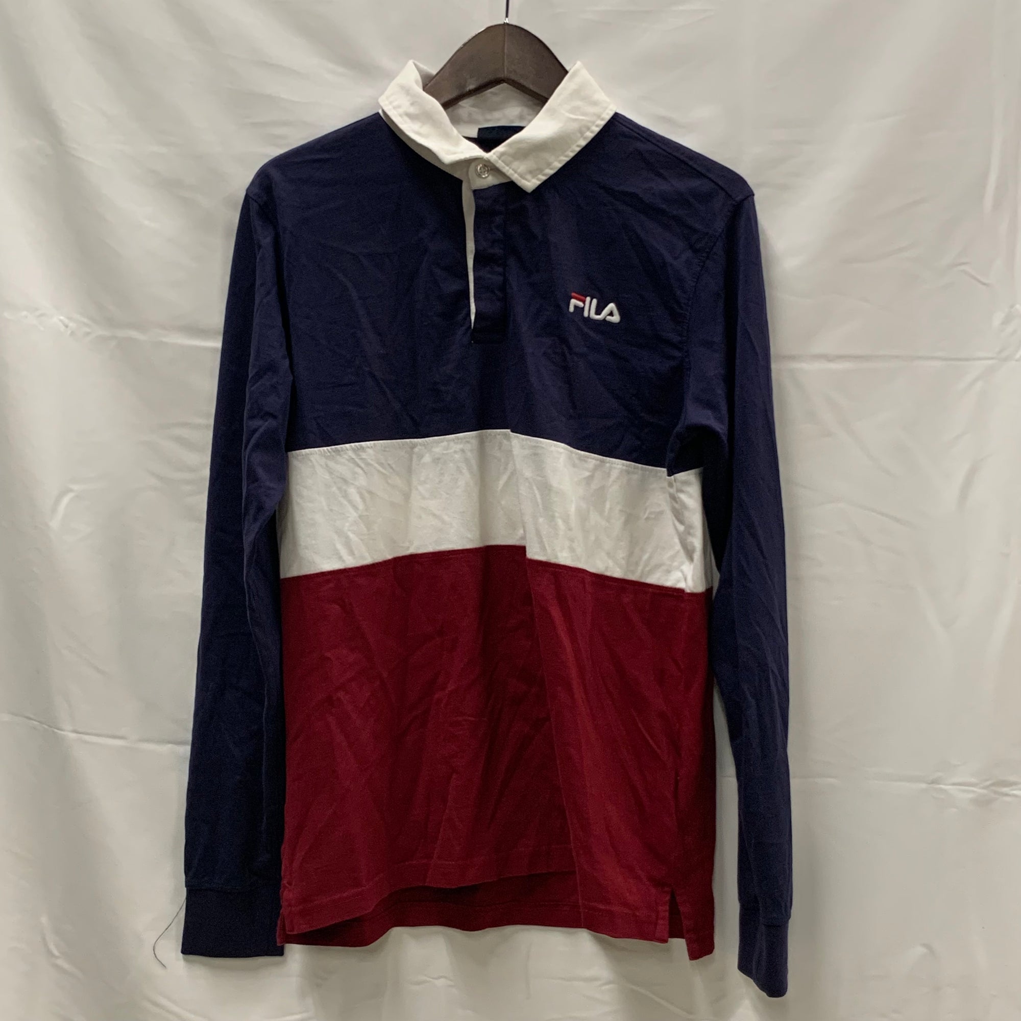 【中古】【古着】FILA ボーダー ラガーシャツ ホワイト×ネイビー×レッド Sサイズ