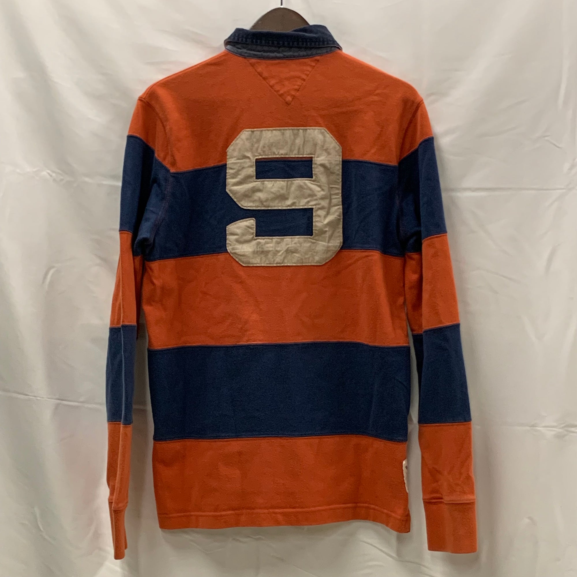【中古】【古着】Tommy Hilfiger ボーダー ラガーシャツ オレンジ×ネイビー Sサイズ