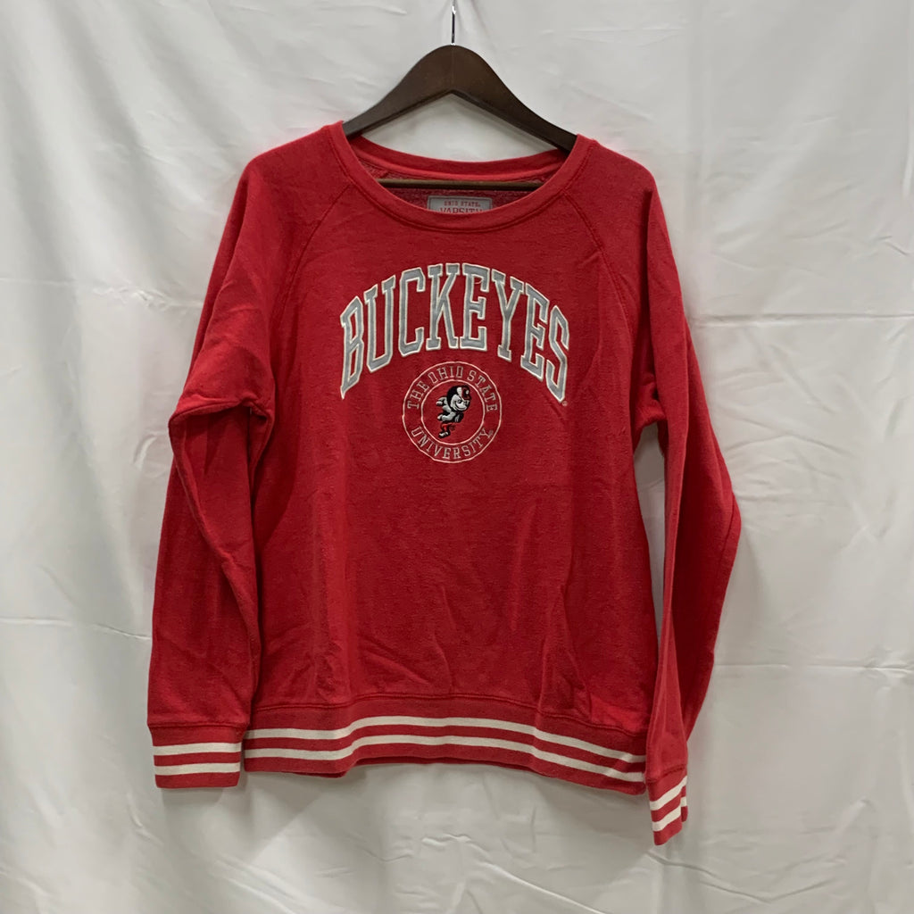 【中古】【古着】Varsity Authentic Apparel 刺繍 トレーナー レッド Lサイズ