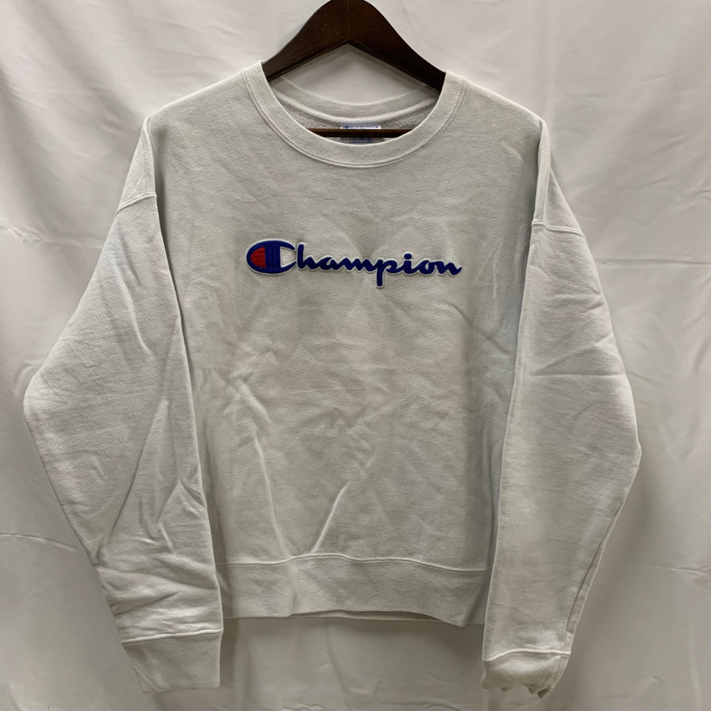 【中古】【古着】Champion 刺繍 トレーナー ホワイト Lサイズ