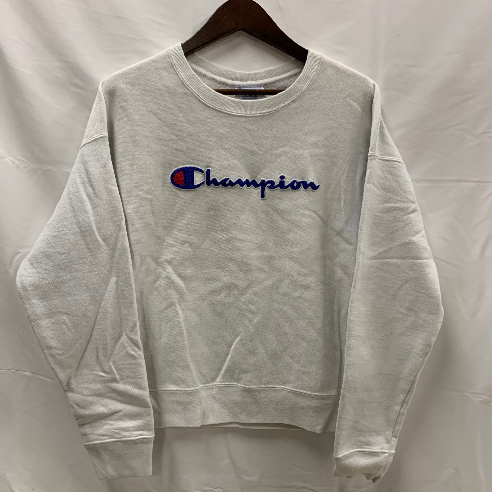 【中古】【古着】Champion 刺繍 トレーナー ホワイト Lサイズ
