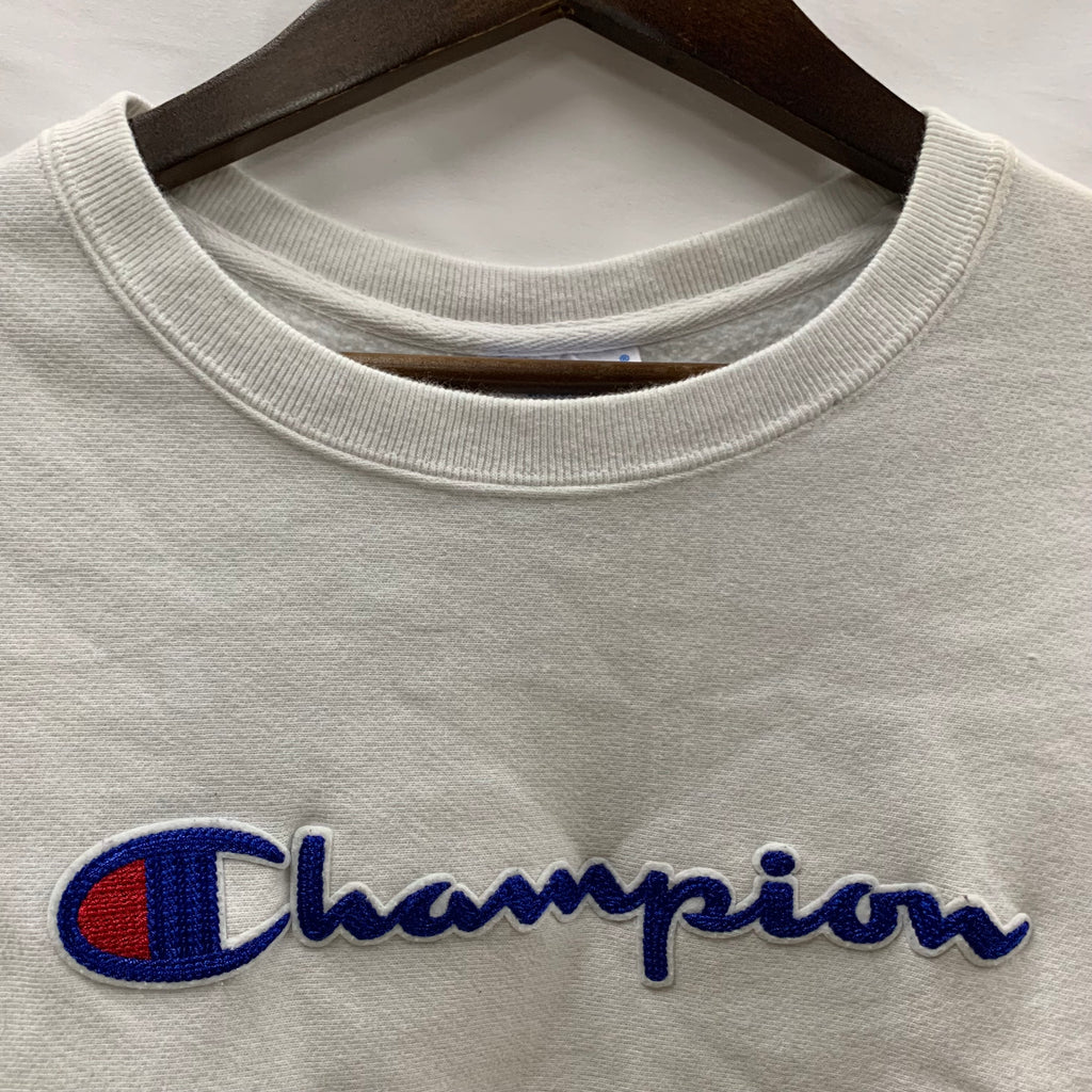 【中古】【古着】Champion 刺繍 トレーナー ホワイト Lサイズ