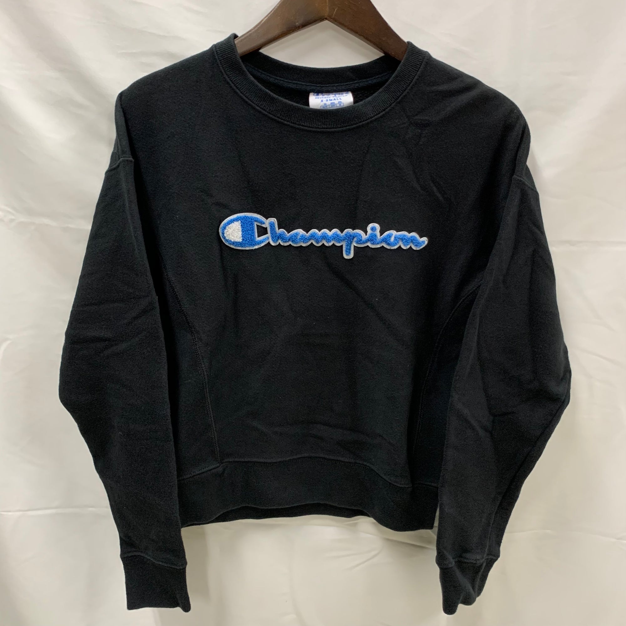 【中古】【古着】Champion 刺繍 トレーナー ブラック XSサイズ