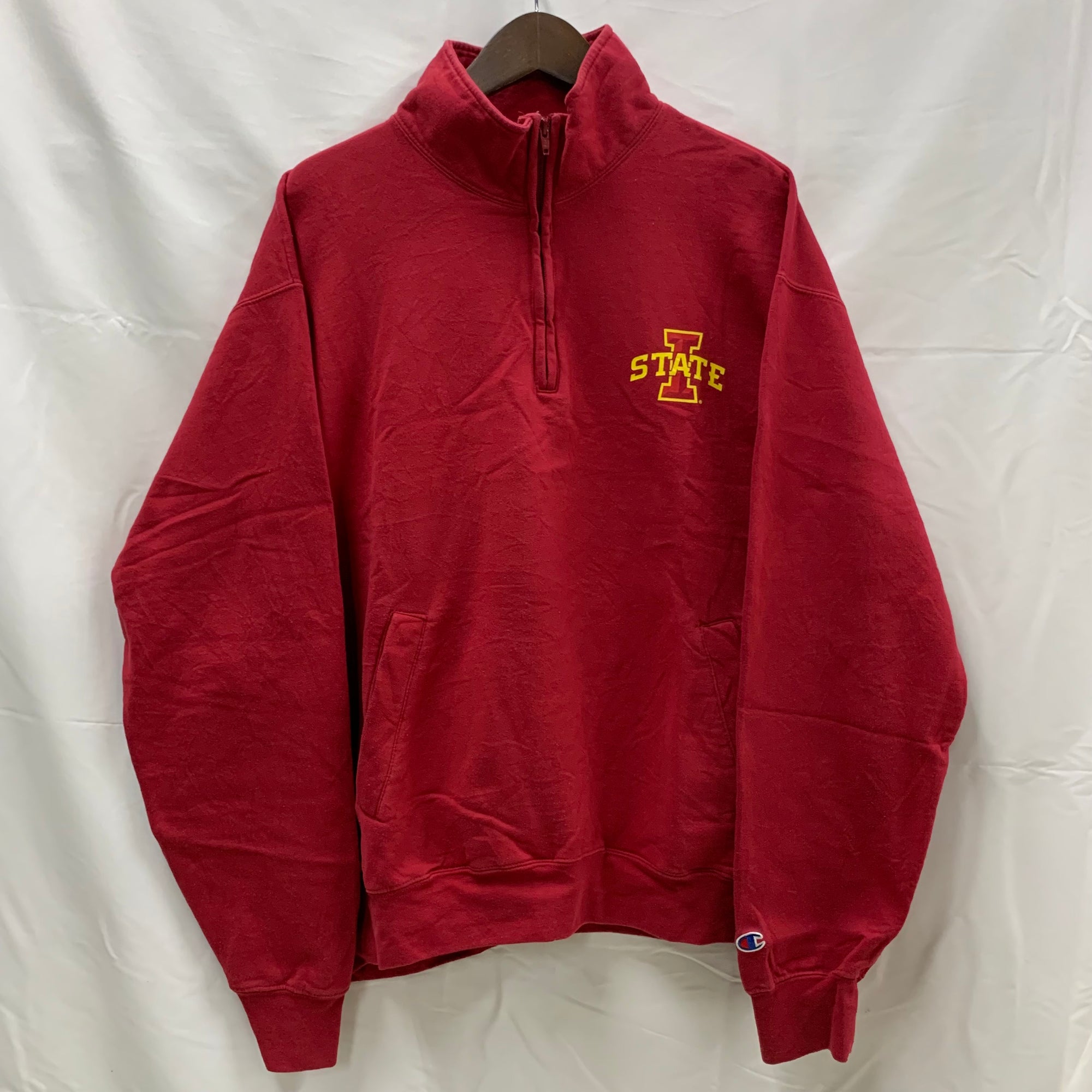 【中古】【古着】Champion プリント トレーナー レッド XLサイズ